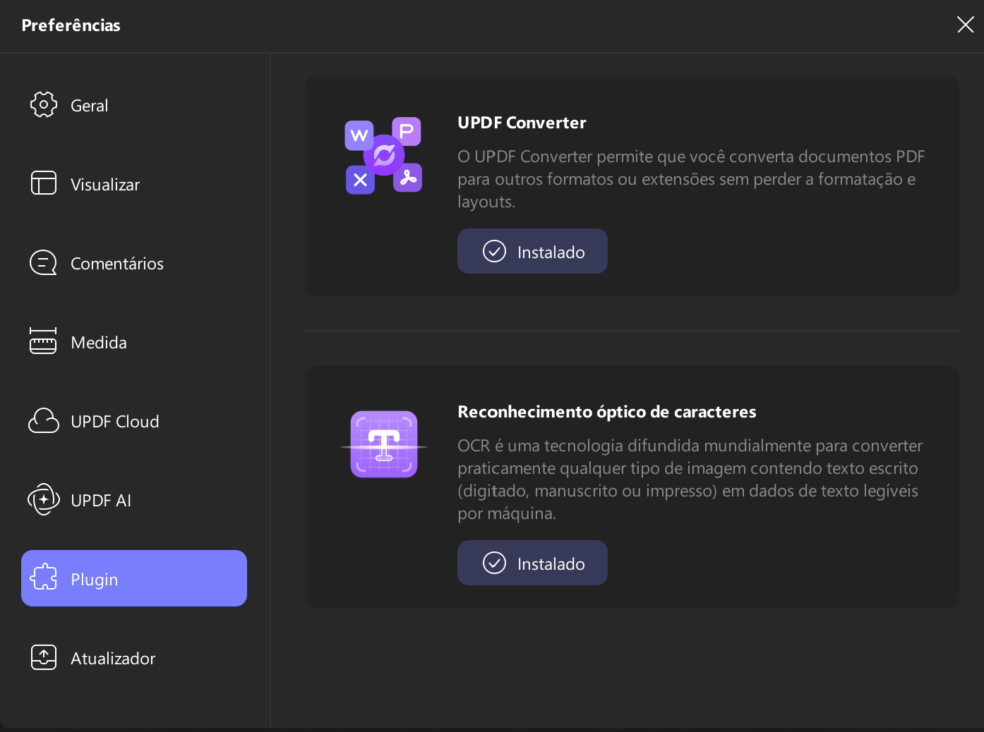 preferências de plugin updf windows