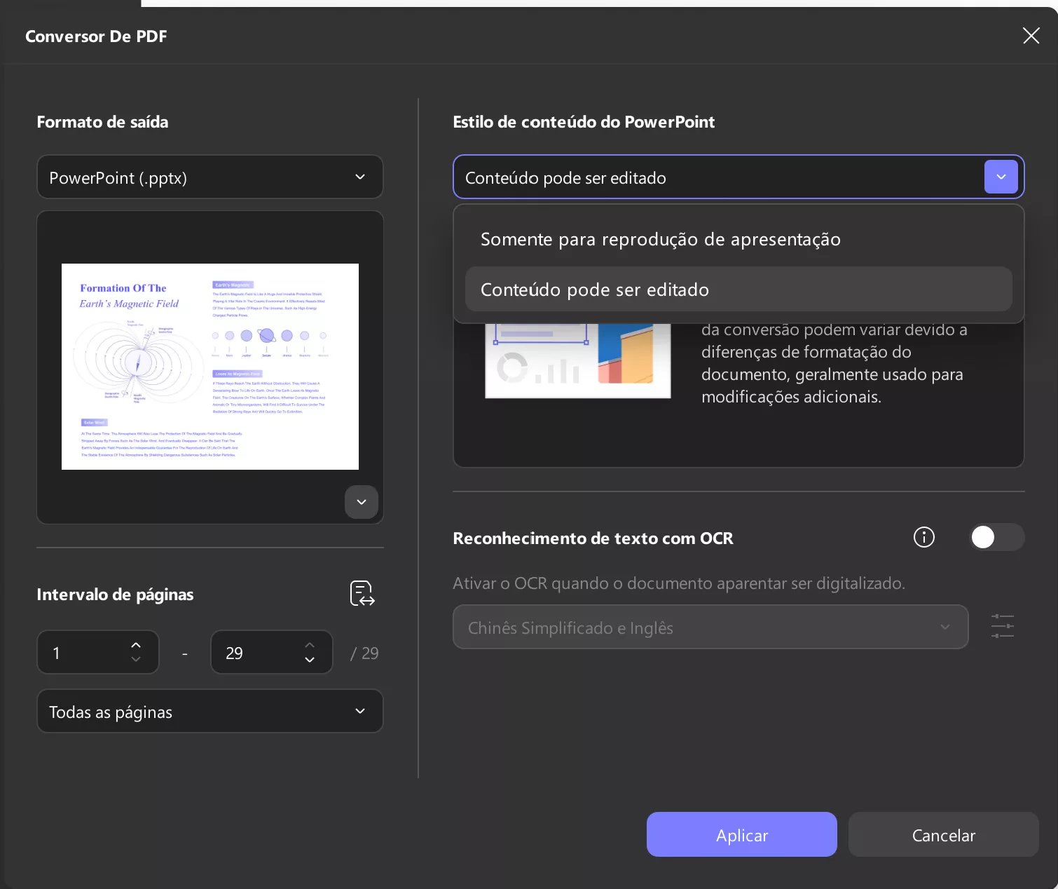 selecione a configuração de conversão para ppt updf windows