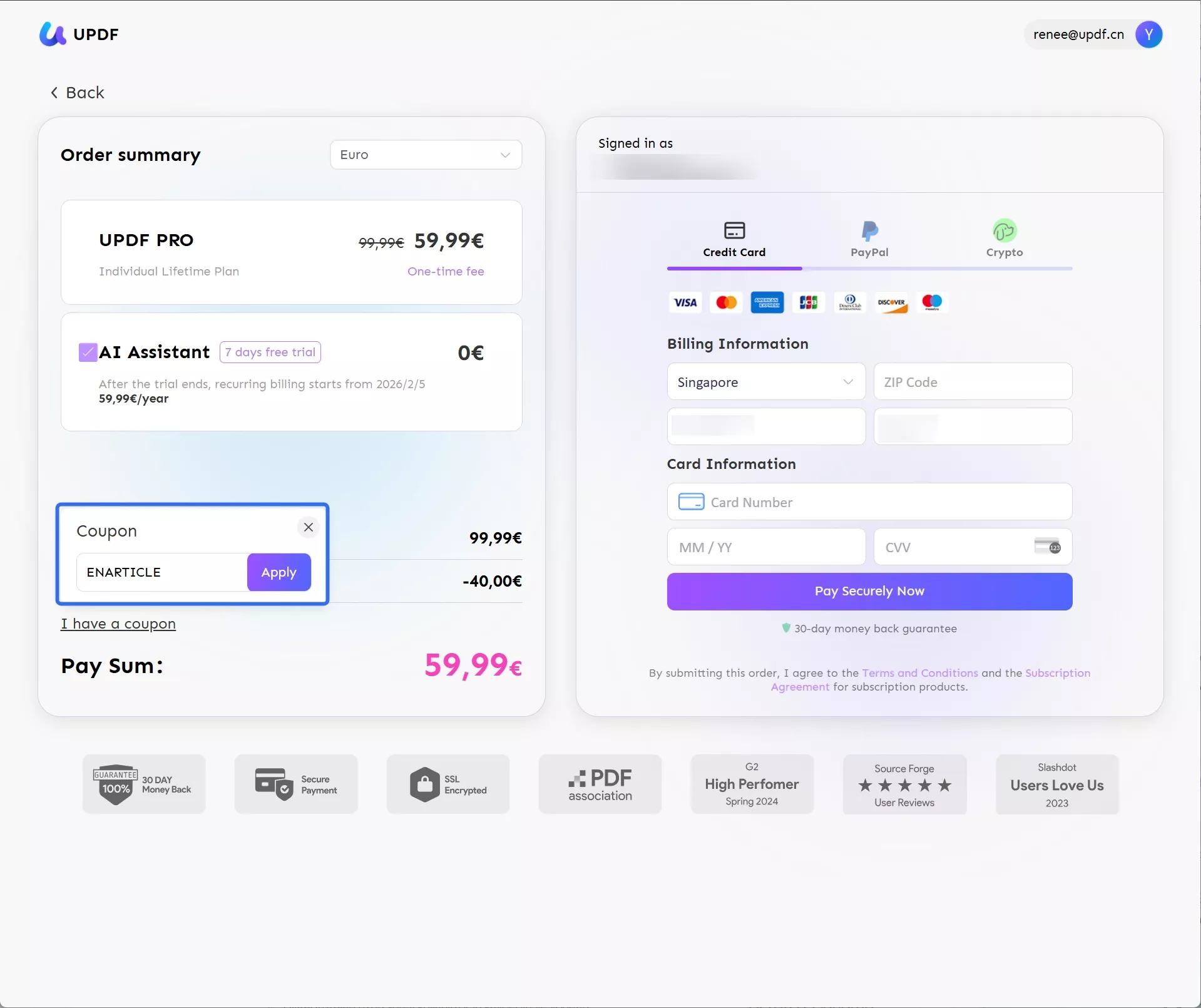 UPDF fiyat sayfasında kupon kodunu kullanın
