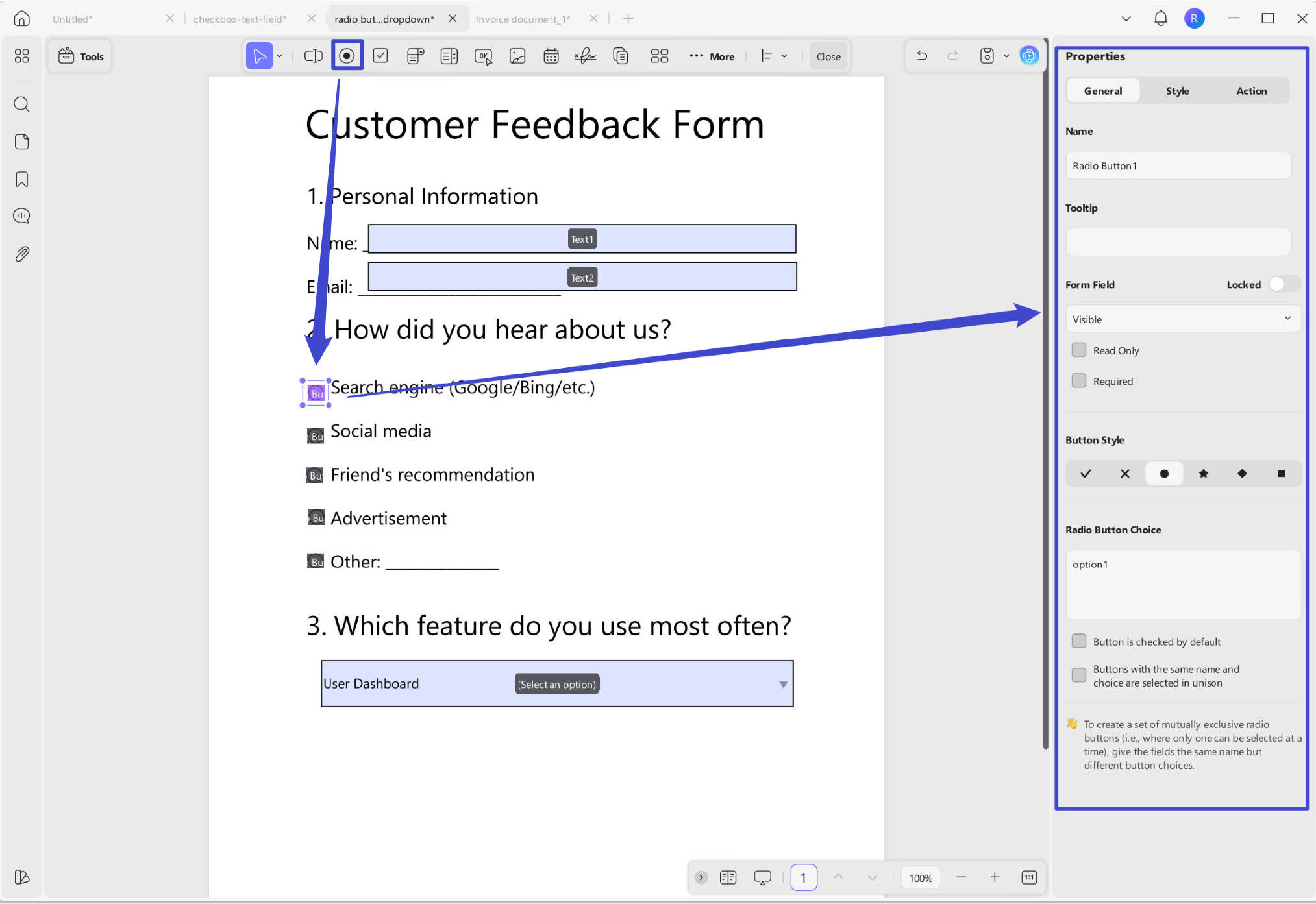 Properties panel for radio button with UPDF on Windows