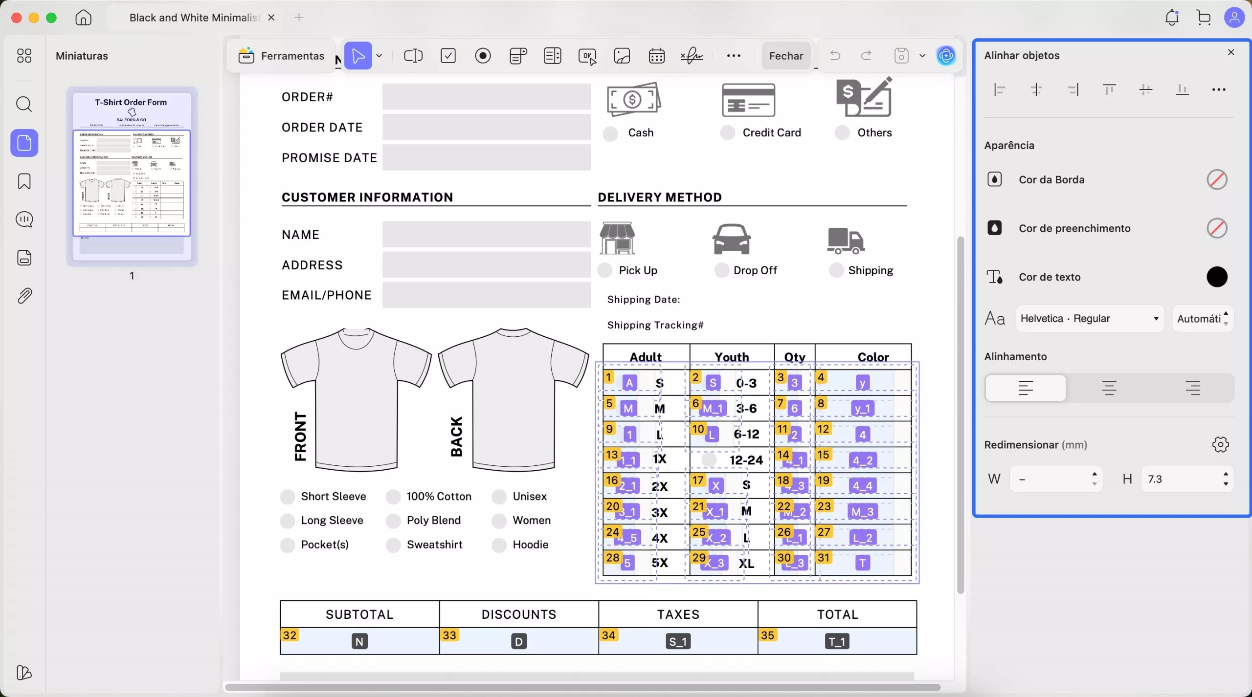 propriedades do formulário para edição em lote
