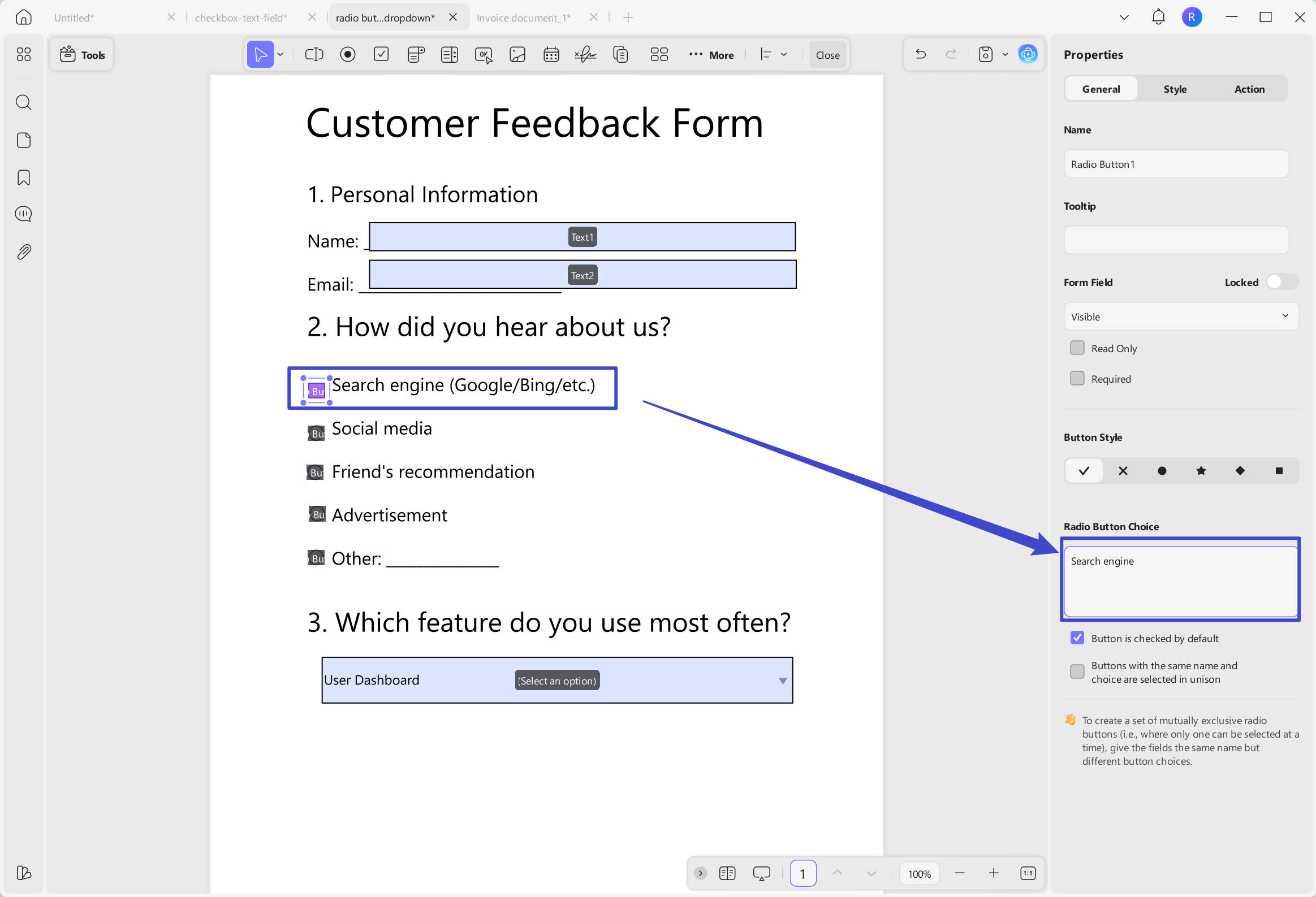radio button choice with UPDF on Windows