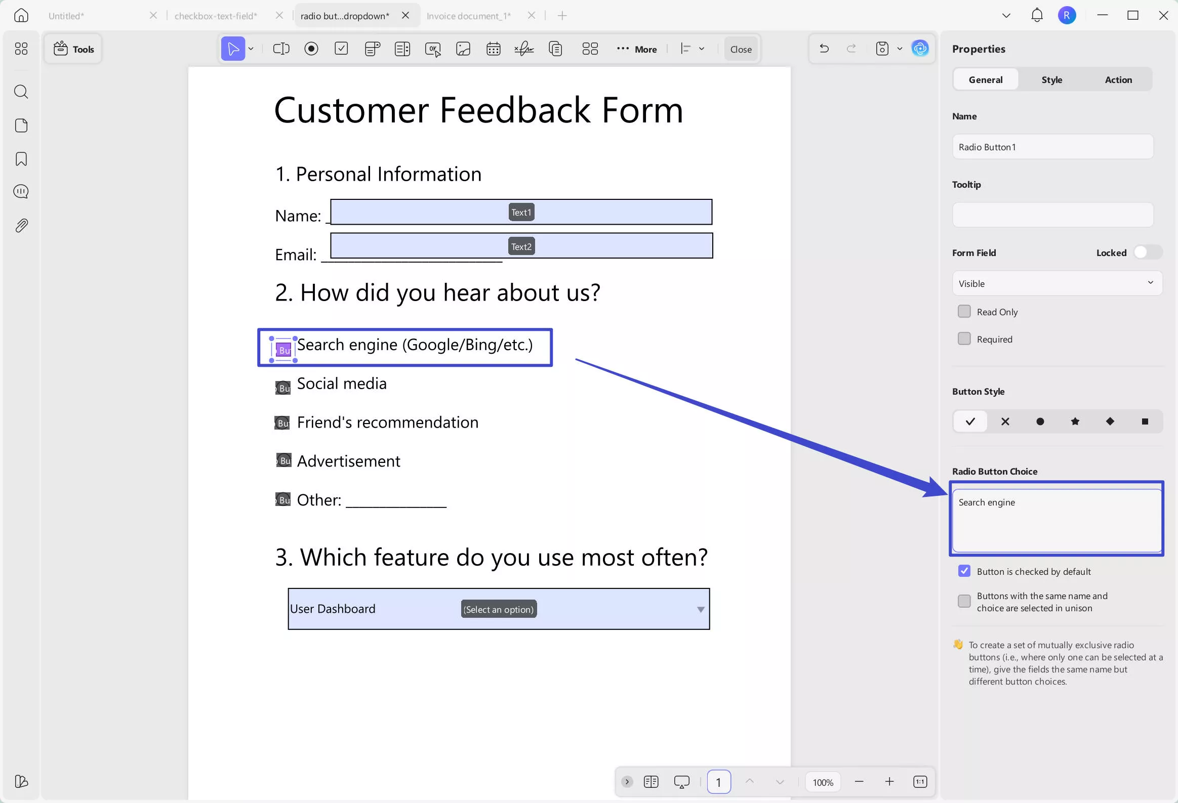 radio button choice with UPDF on Windows
