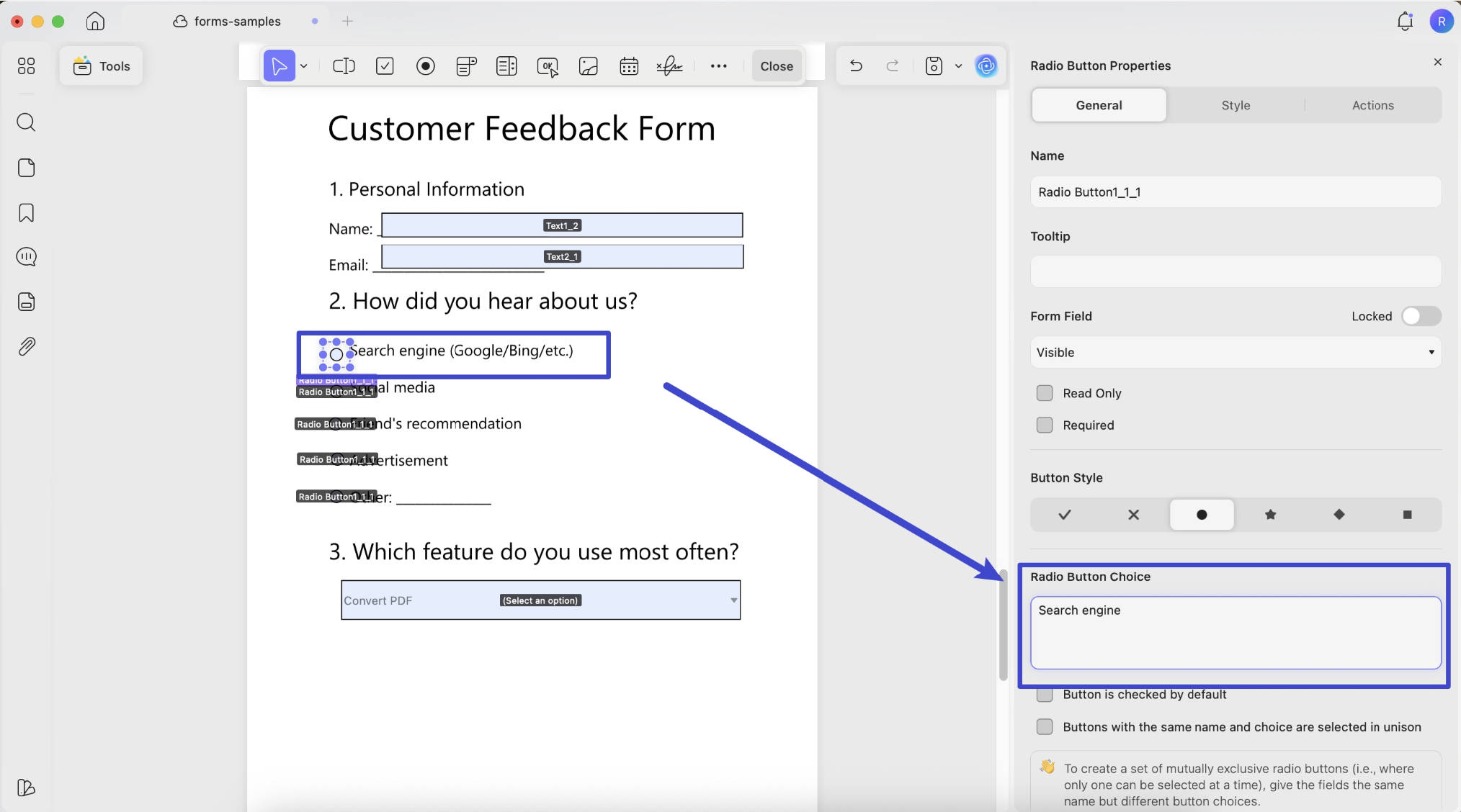 Radio Button Choice updf mac