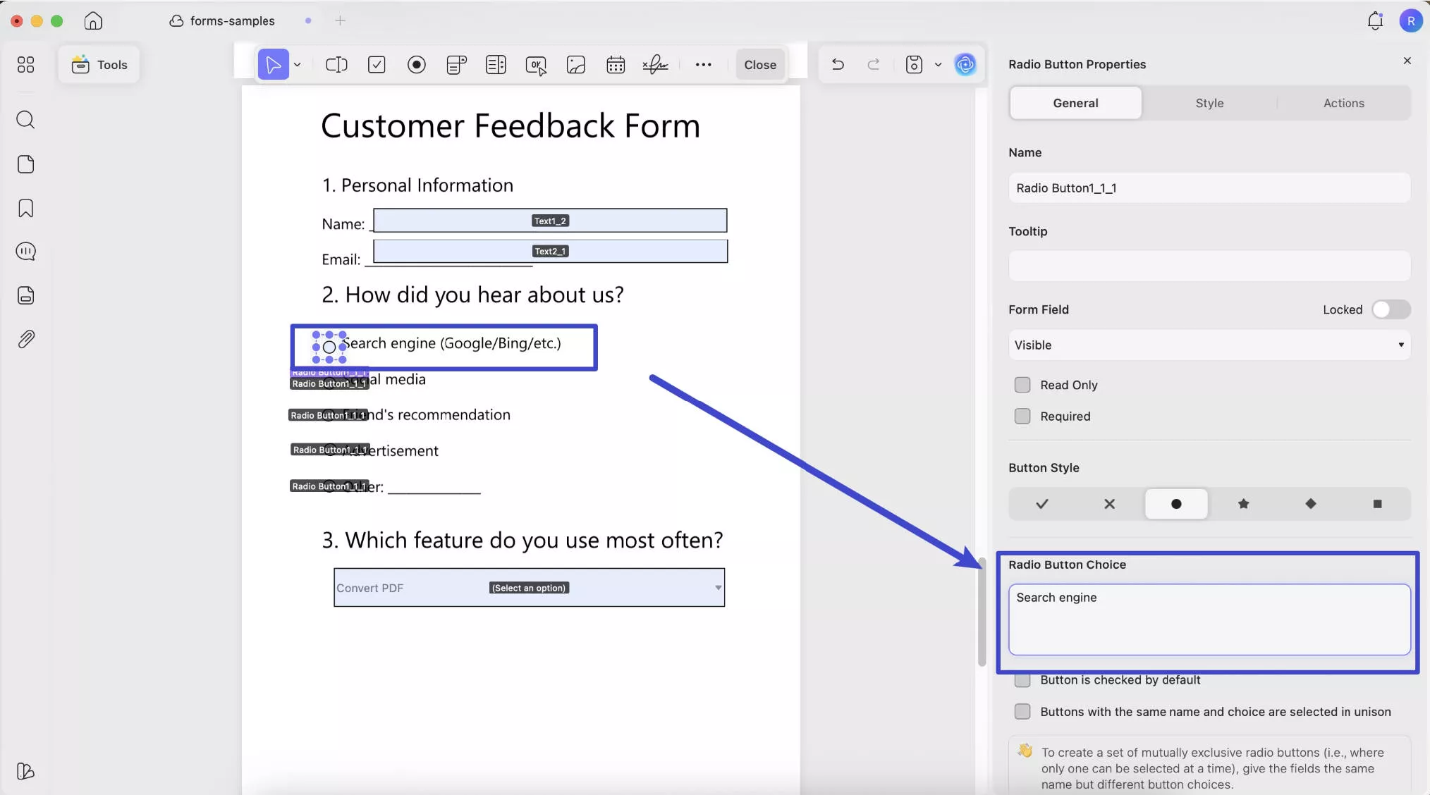 Radio Button Choice updf mac
