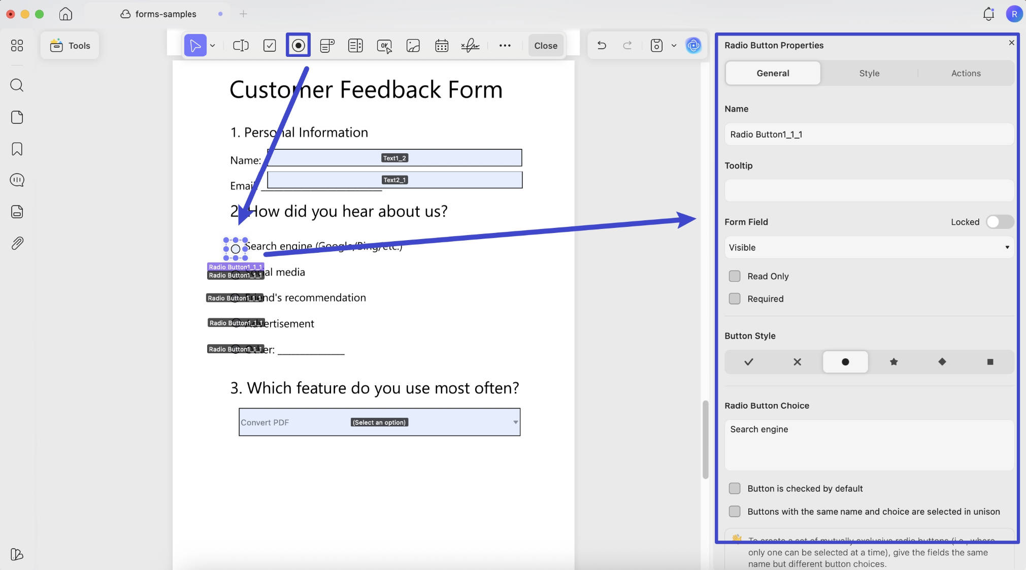 radio button properties updf mac
