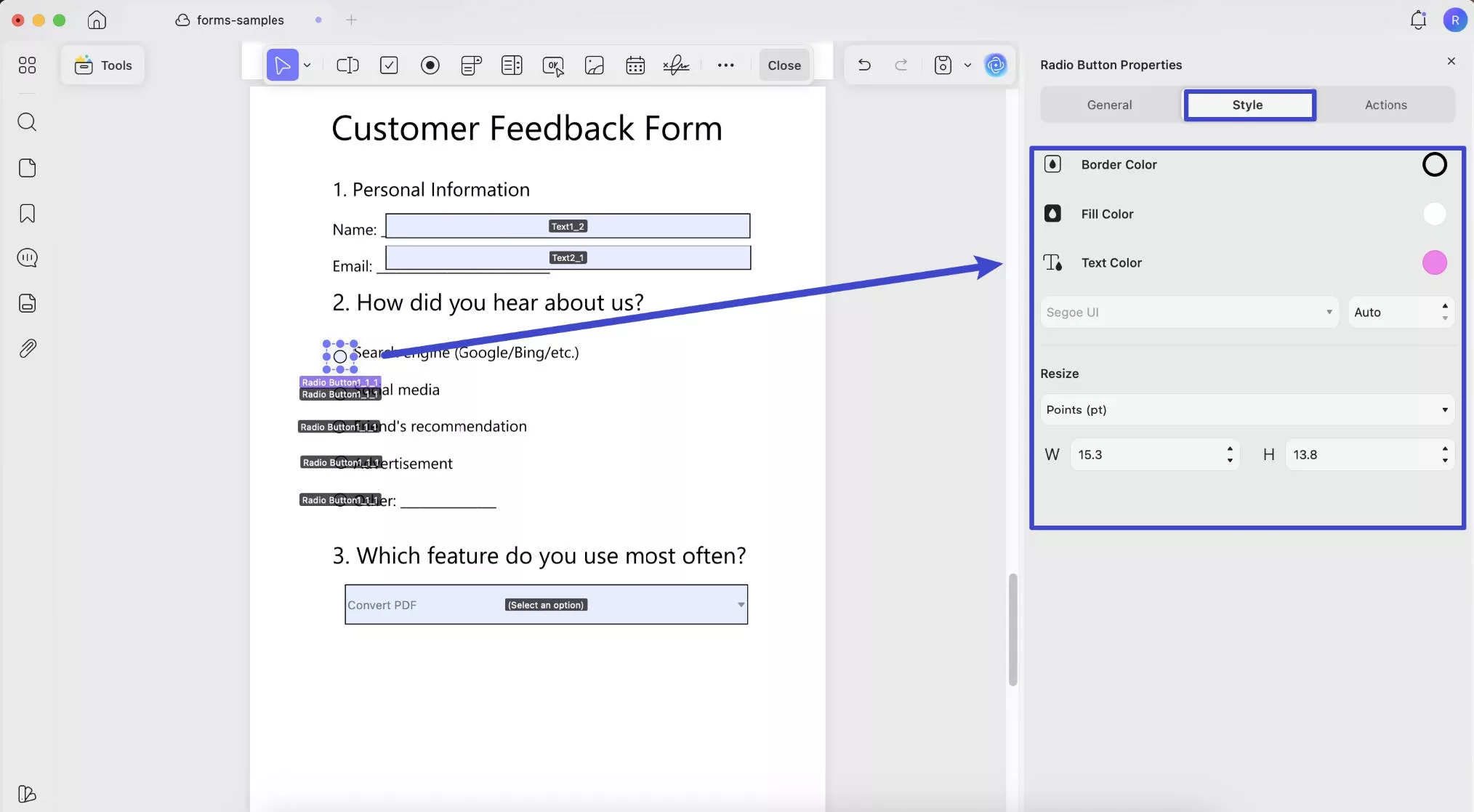 Radio button style with updf mac