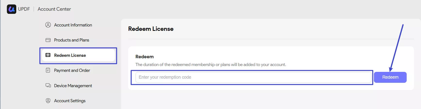 redeem code on updf website