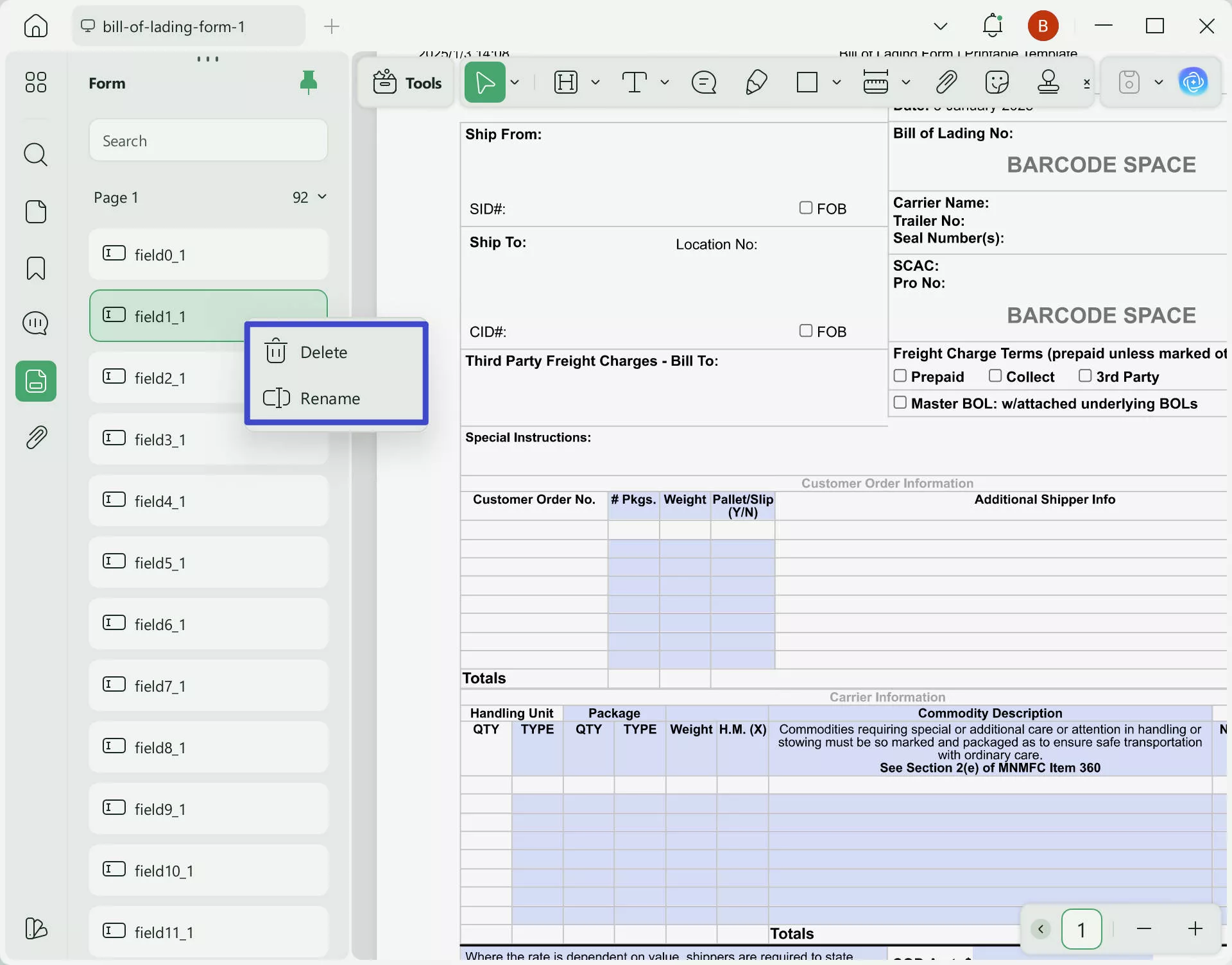 Rename or delete form field
