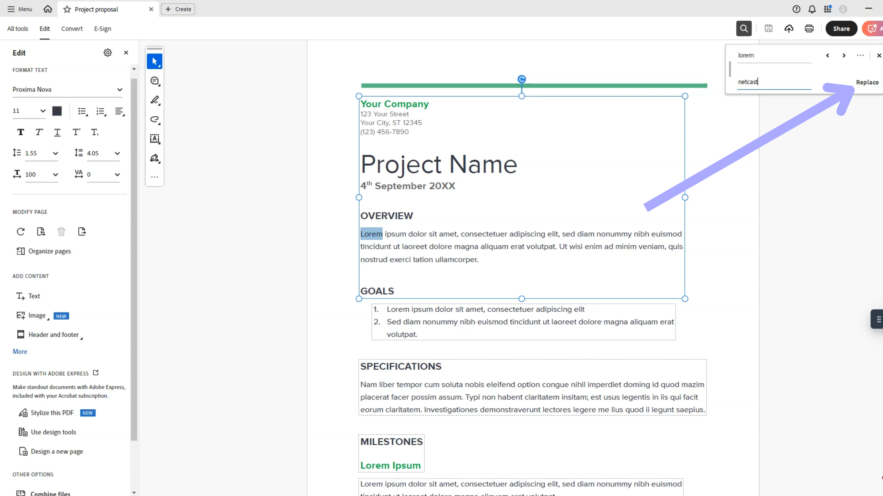 replace the text adobe acrobat