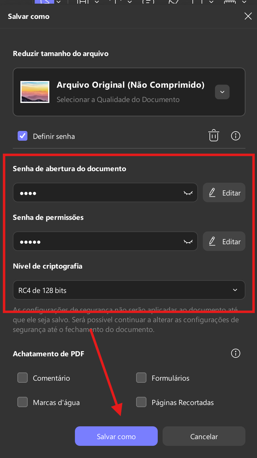 salvar configurações de senha updf windows 