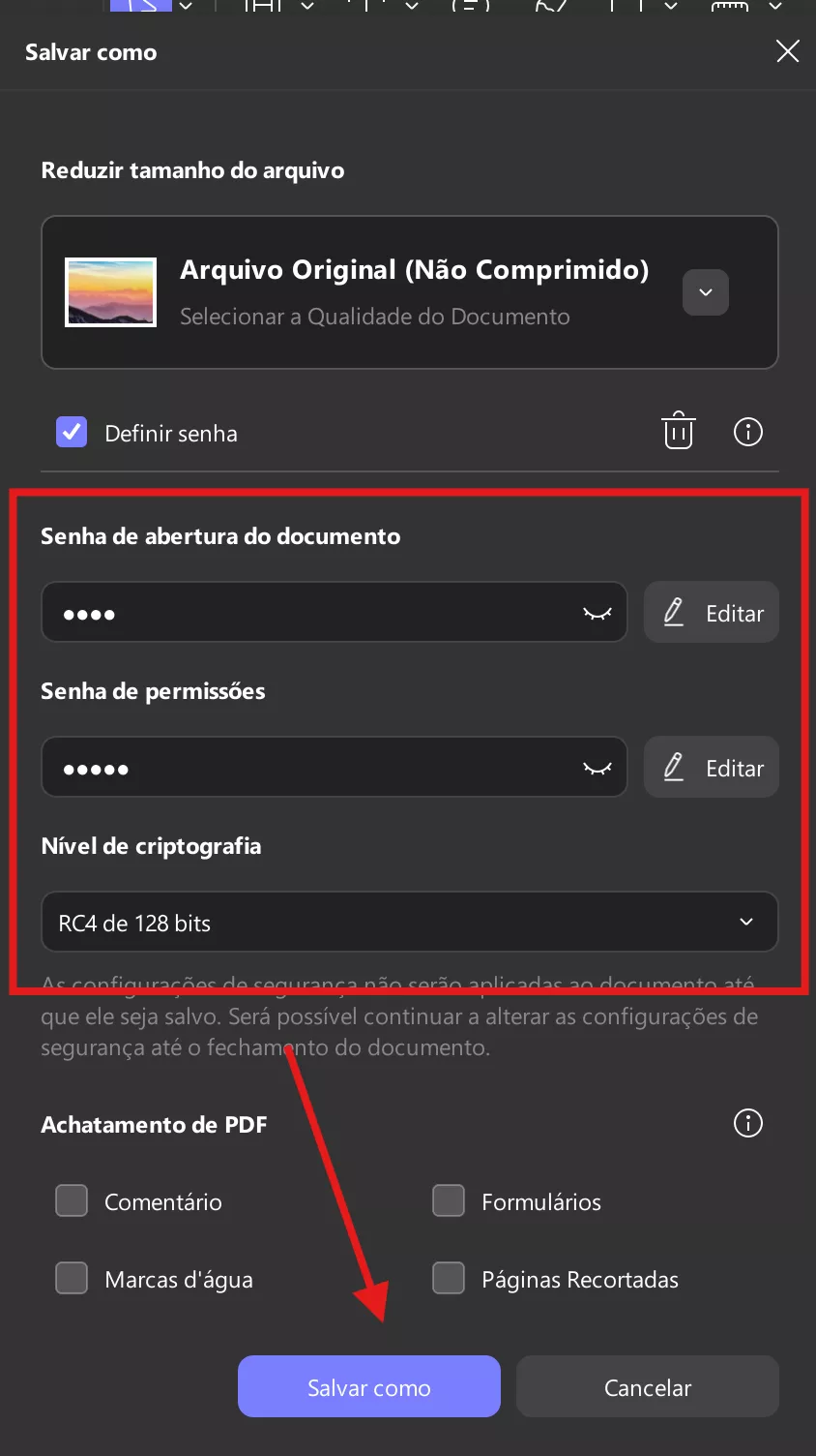 salvar configurações de senha updf windows
