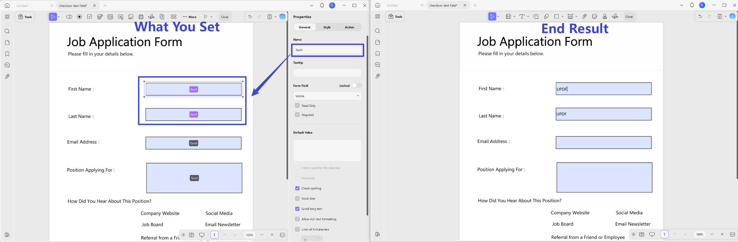 same text name for two text fields updf windows