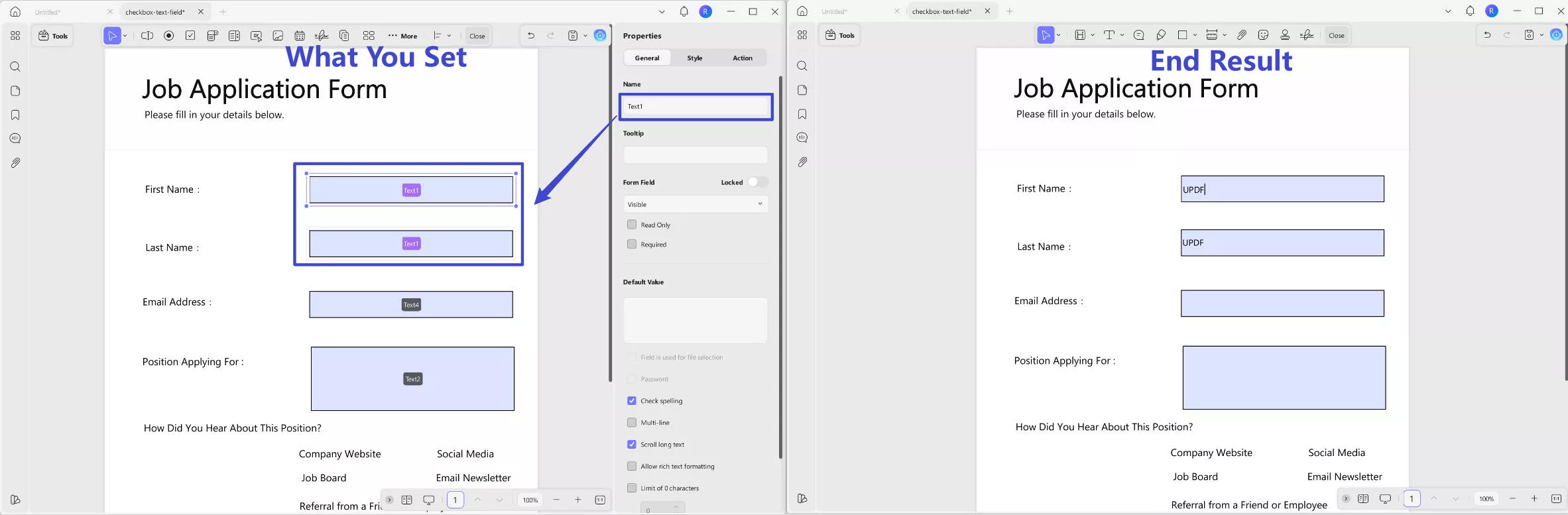 same text name for two text fields updf windows