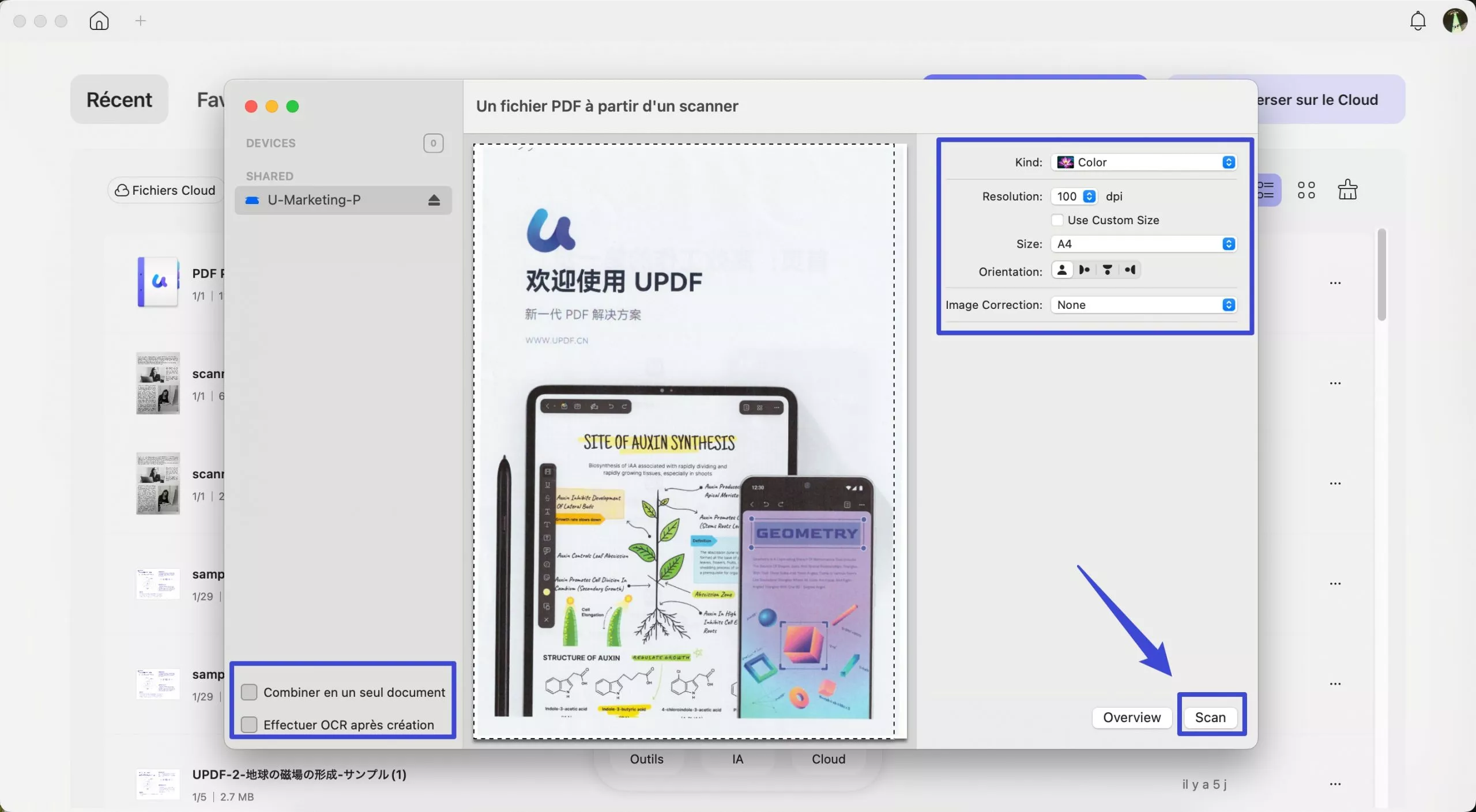 Personnalisez les paramètres sur le panneau de droite avant de scanner