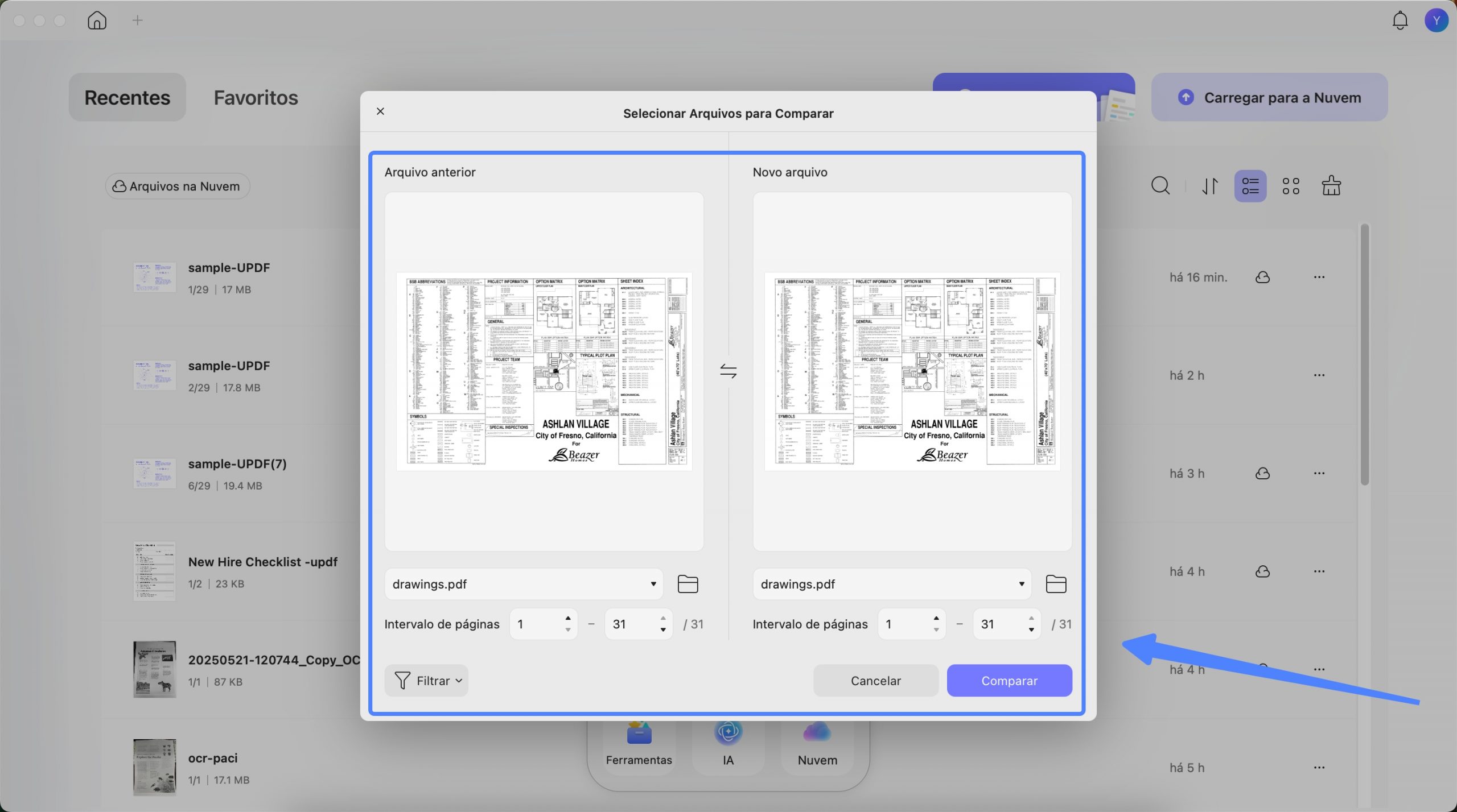 adicione pdfs e prossiga para comparar updf mac