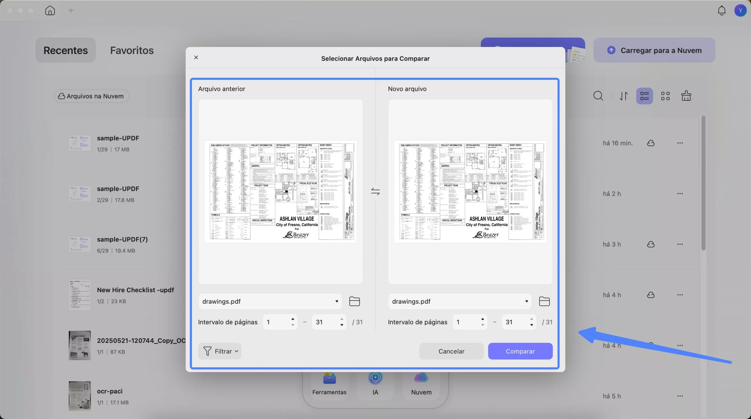 adicione pdfs e prossiga para comparar updf mac