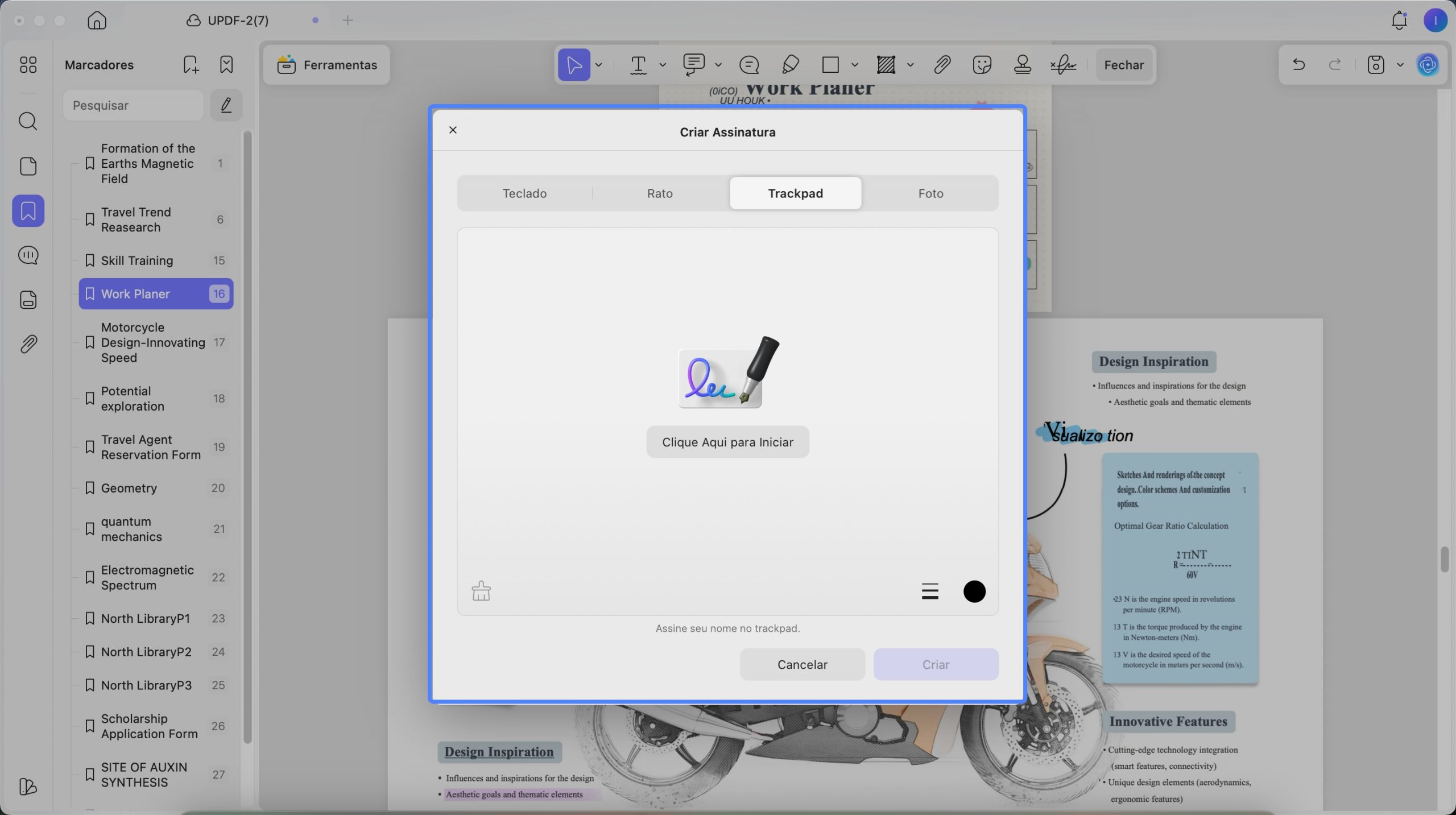 selecione o trackpad para escrever sua assinatura à mão.