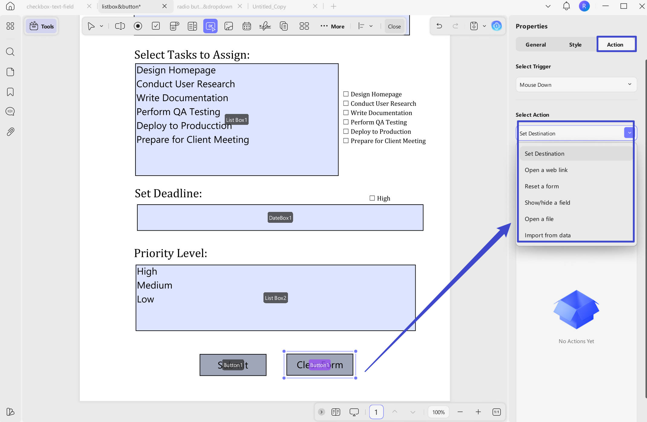 Select an action for button with UPDF on Windows