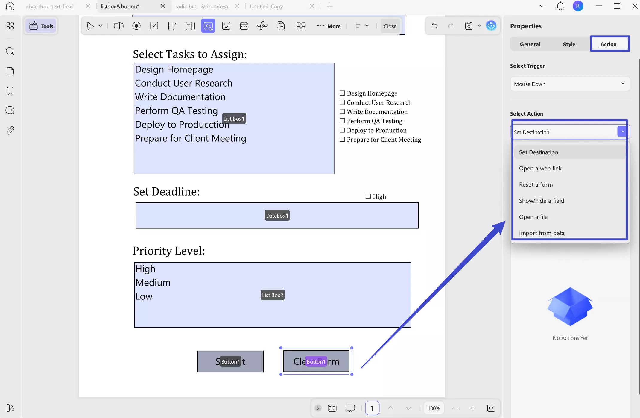 Select an action for button with UPDF on Windows