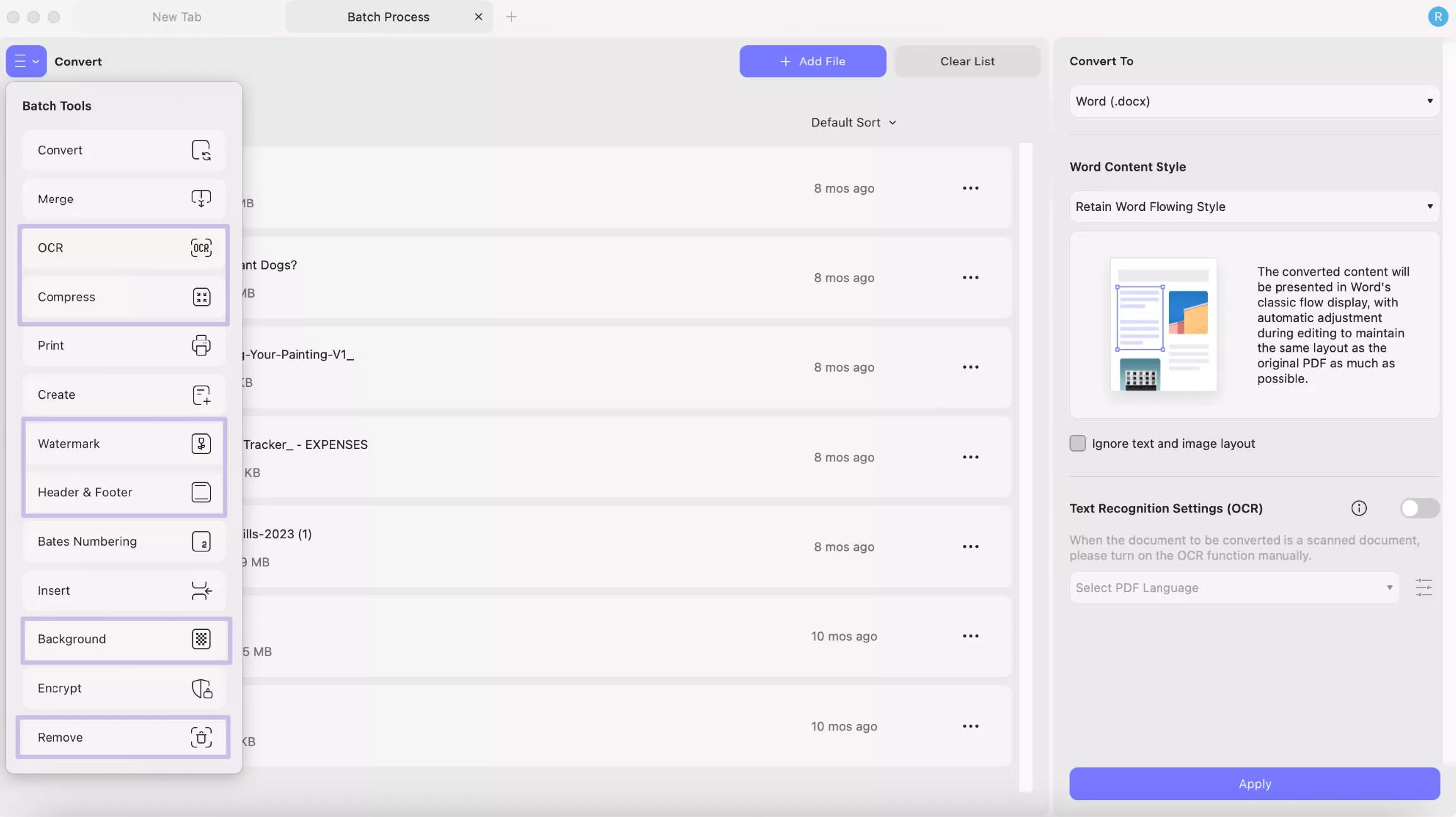 sélectionner les outils de traitement par lots updf 2 mac