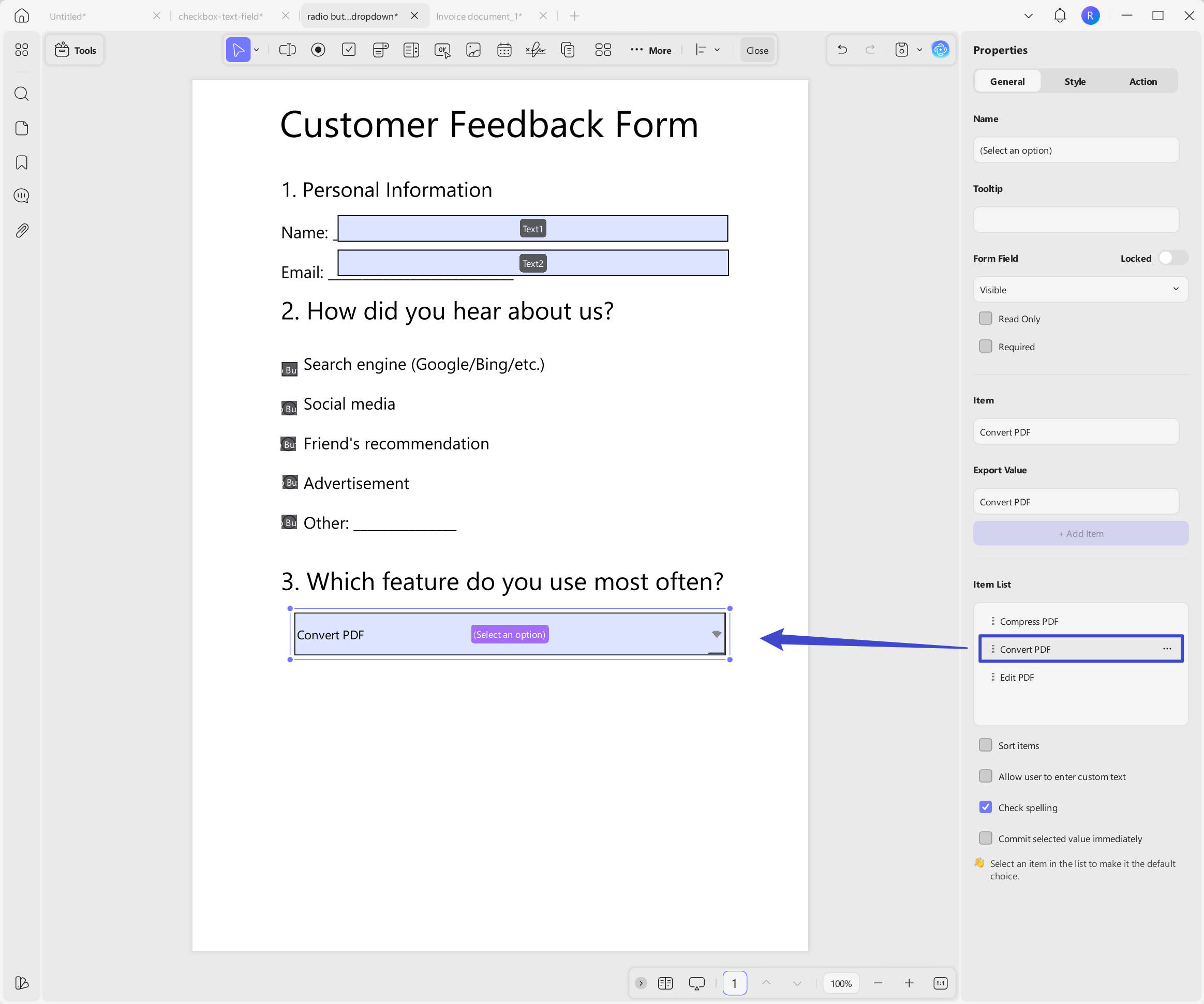 Select one item by default in PDF forms' dropdown list with UPDF on Windows