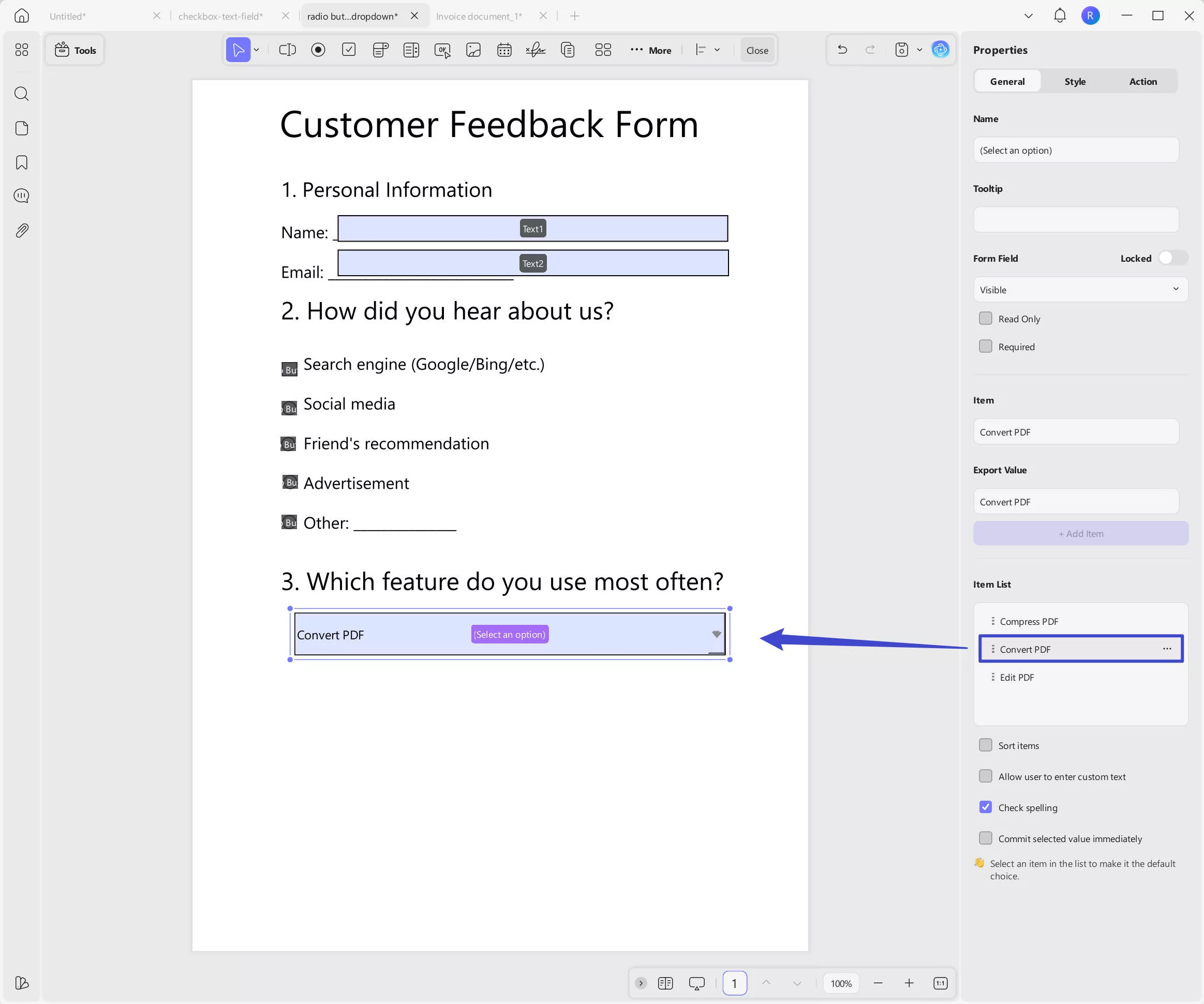 Select one item by default in PDF forms' dropdown list with UPDF on Windows