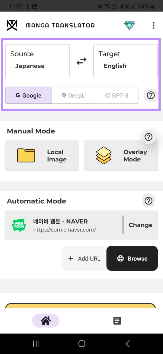 Wählen Sie mit dem Manga-Übersetzer Übersetzungssprachen und -methoden aus