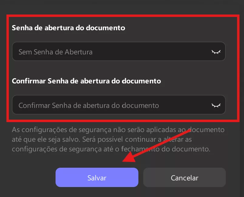 defina uma senha de abertura e clique em salvar no lote updf windows