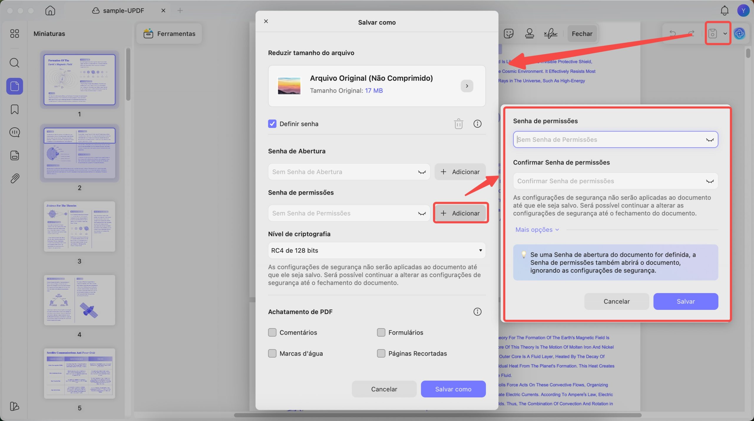 definir permissão senha updf mac