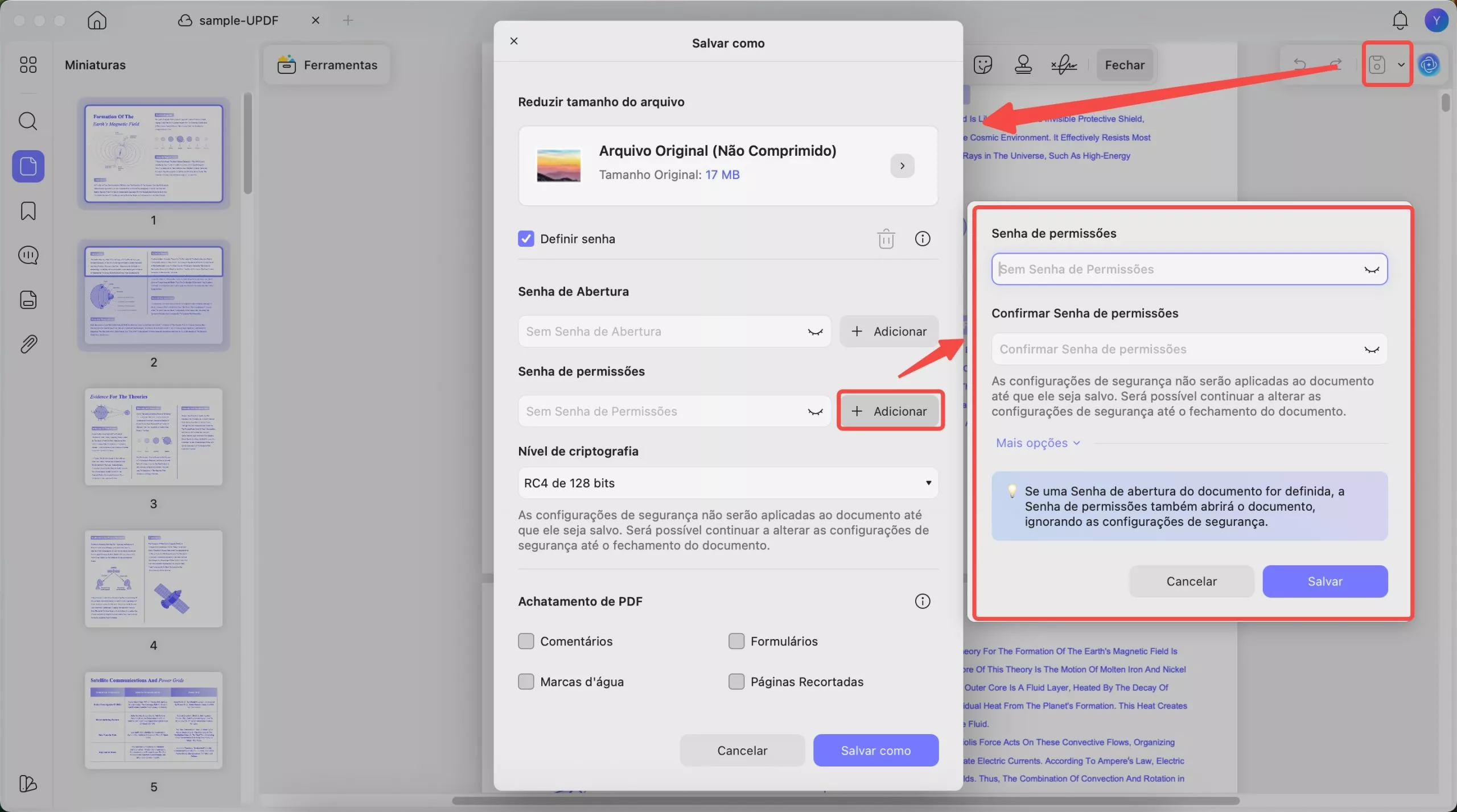 definir permissão senha updf mac