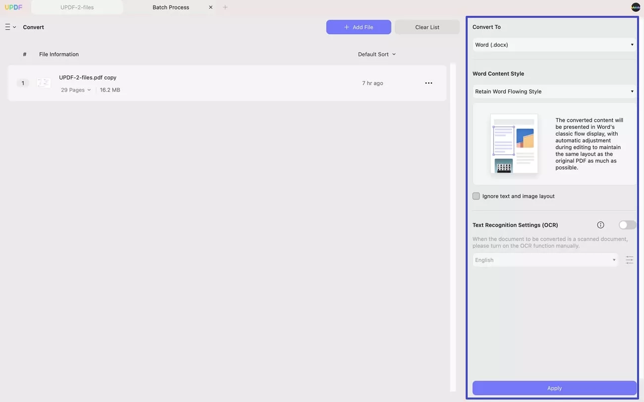 nastavit dávkovou konverzi a použít updf pro Mac