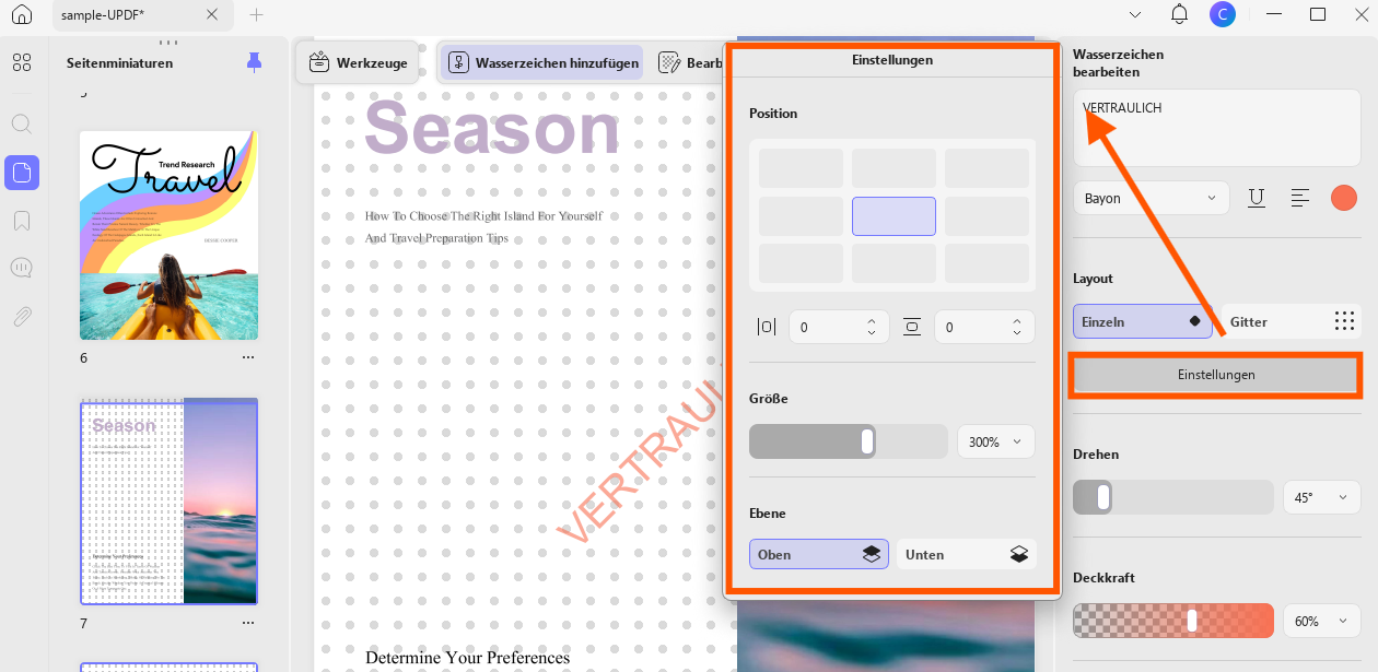 Position des Wasserzeichens in PDF-Dateien festlegen updf Windows 2