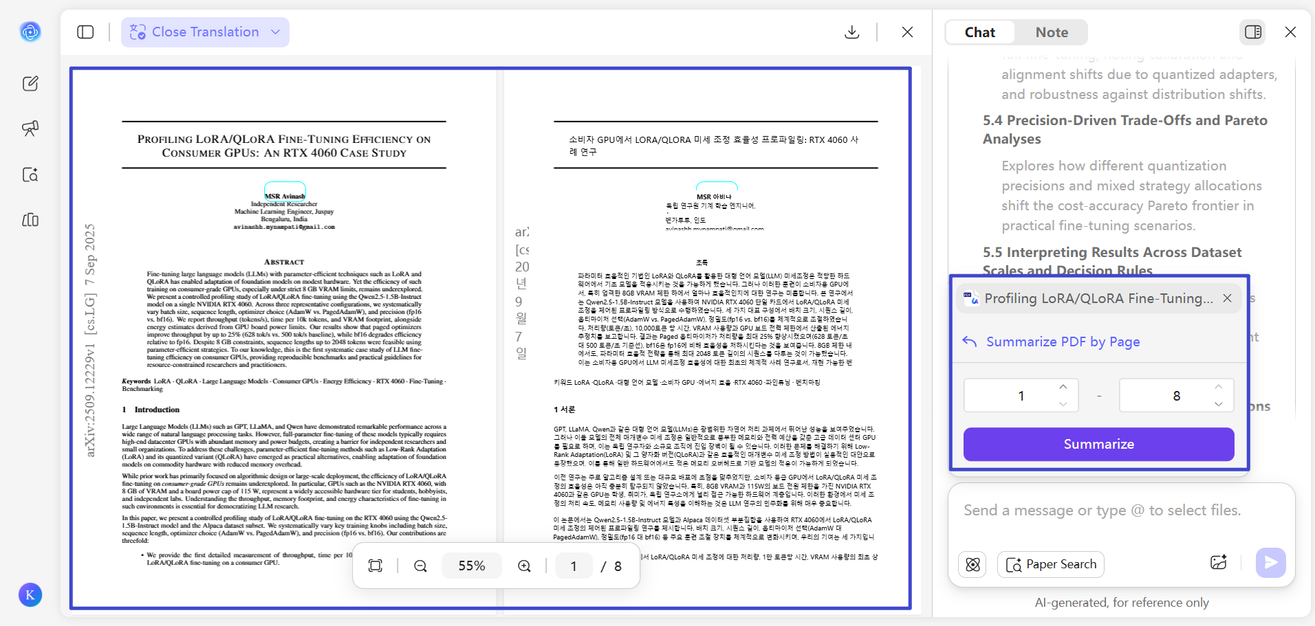 side by side translation and summarize by page