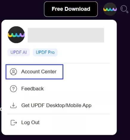 Fare clic sul centro account nel sito web UPDF