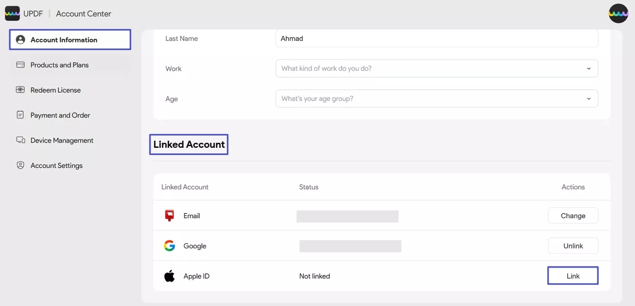Collega l'account con l'account UPDF