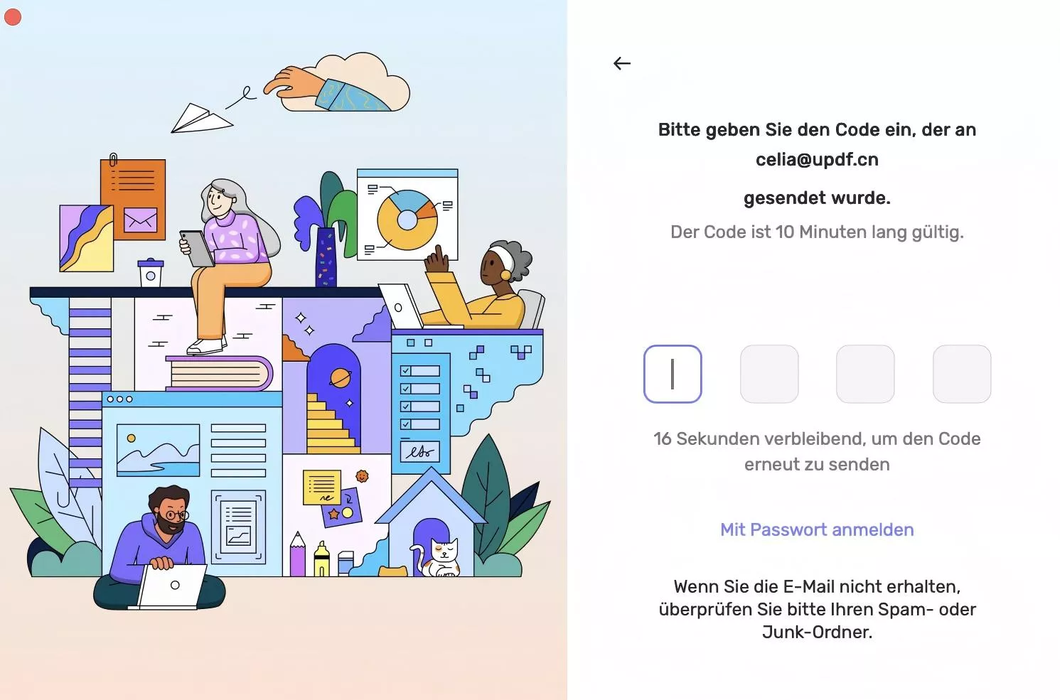 Melden Sie sich mit dem Code an, um ein Konto bei UPDF auf dem Mac zu erstellen.