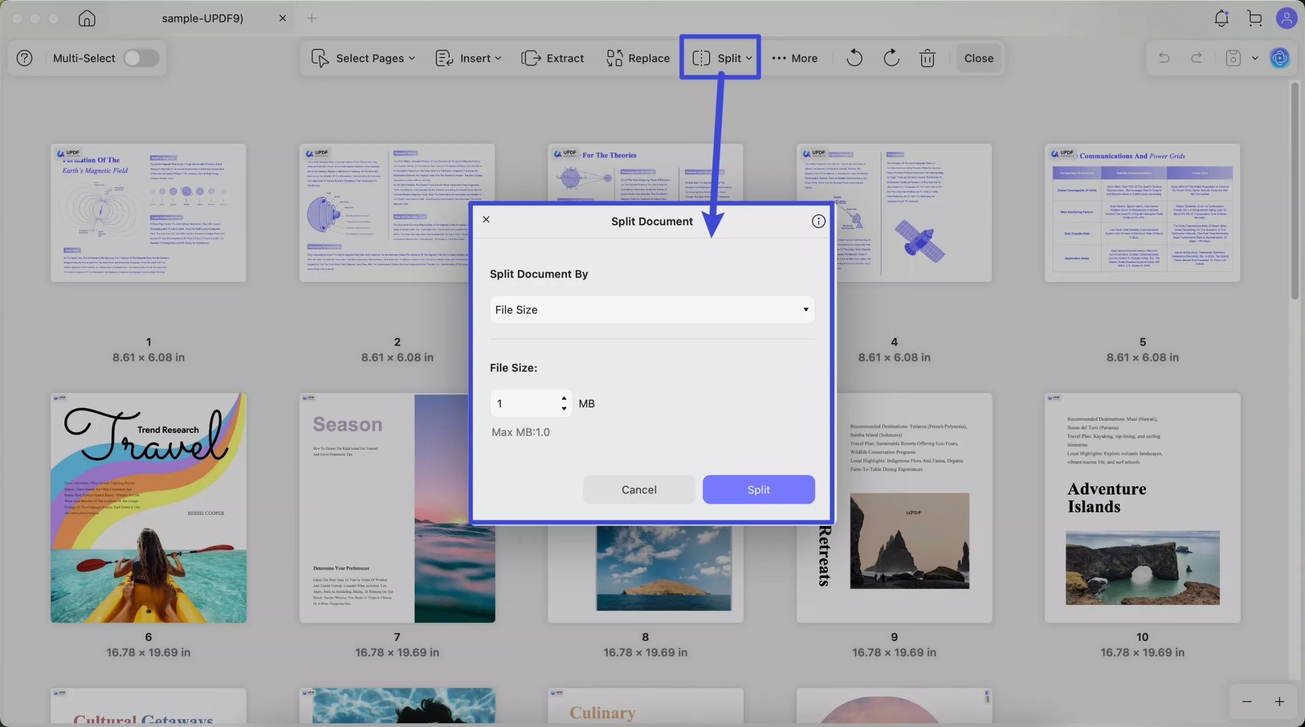 split by size updf mac