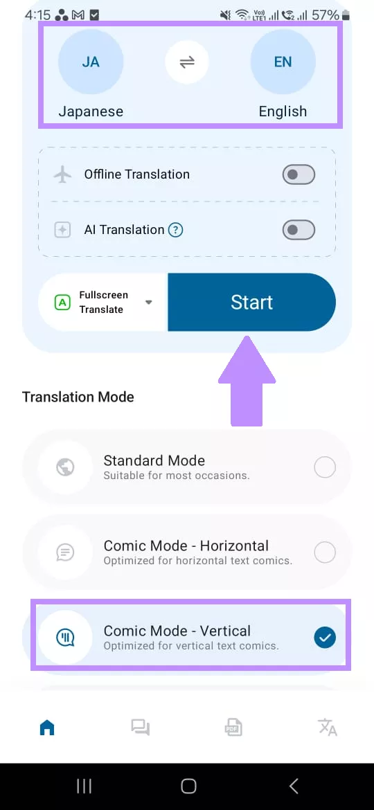start screen translation bubble translator