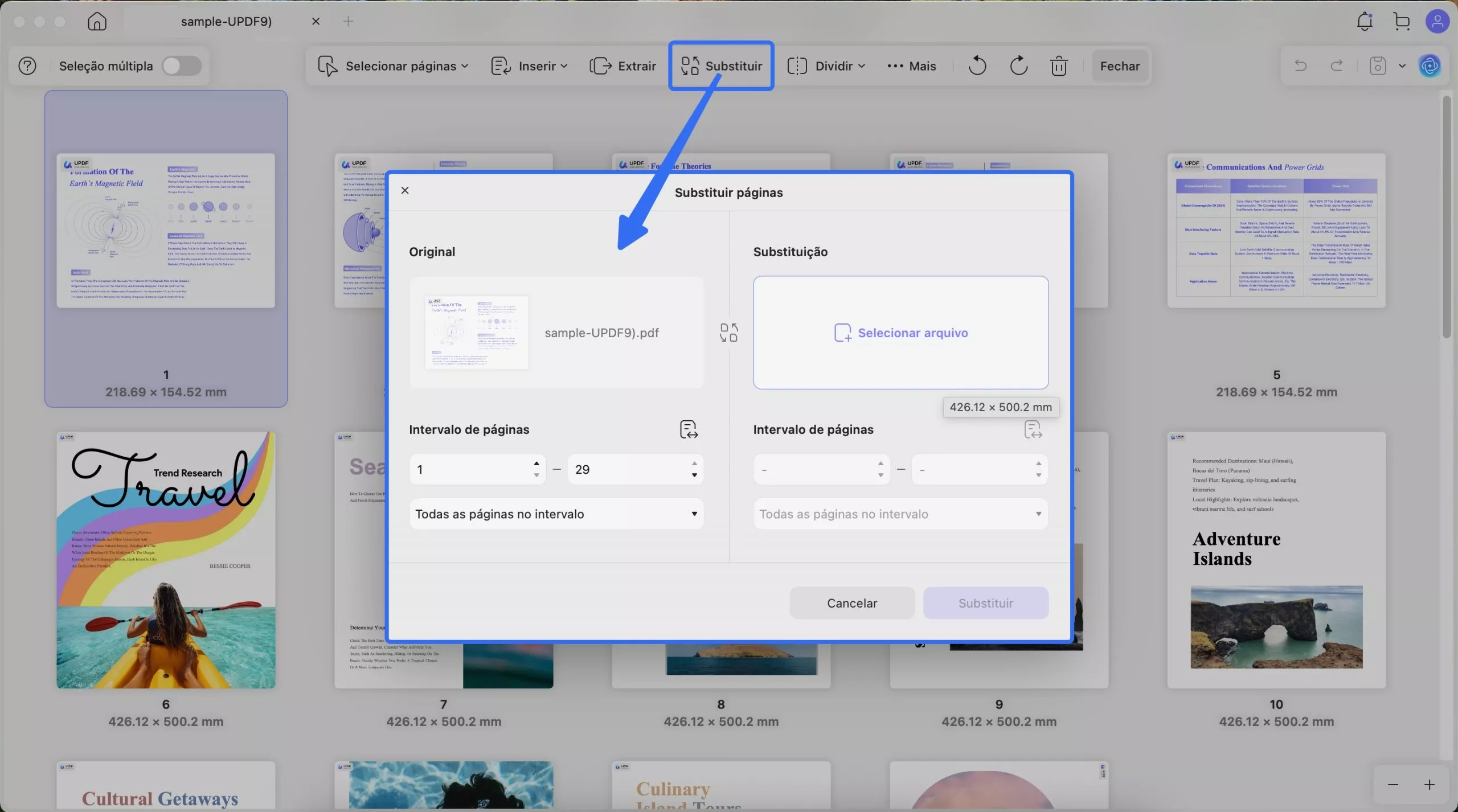 substituir página com updf mac