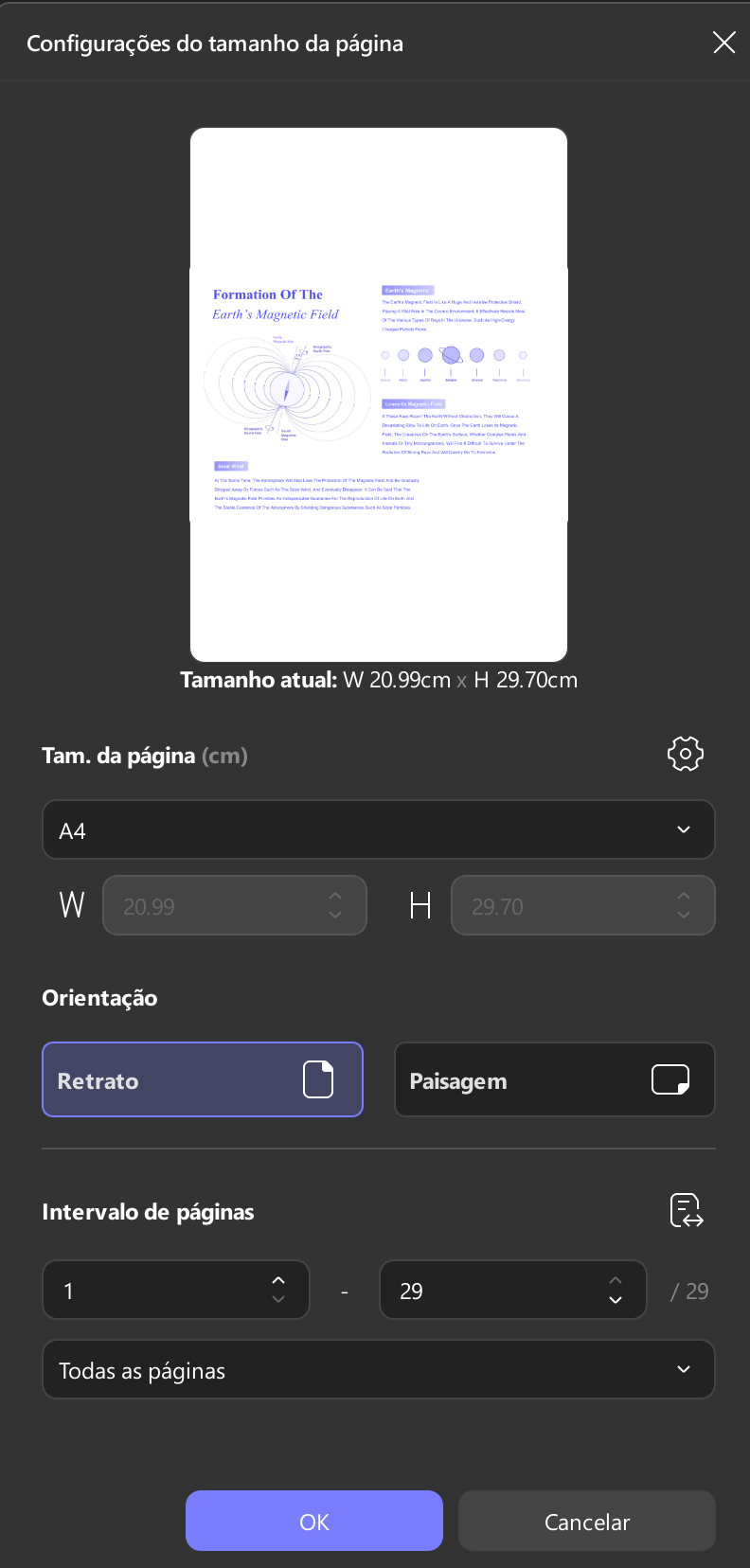 escolha o tamanho e a orientação da página do pdf