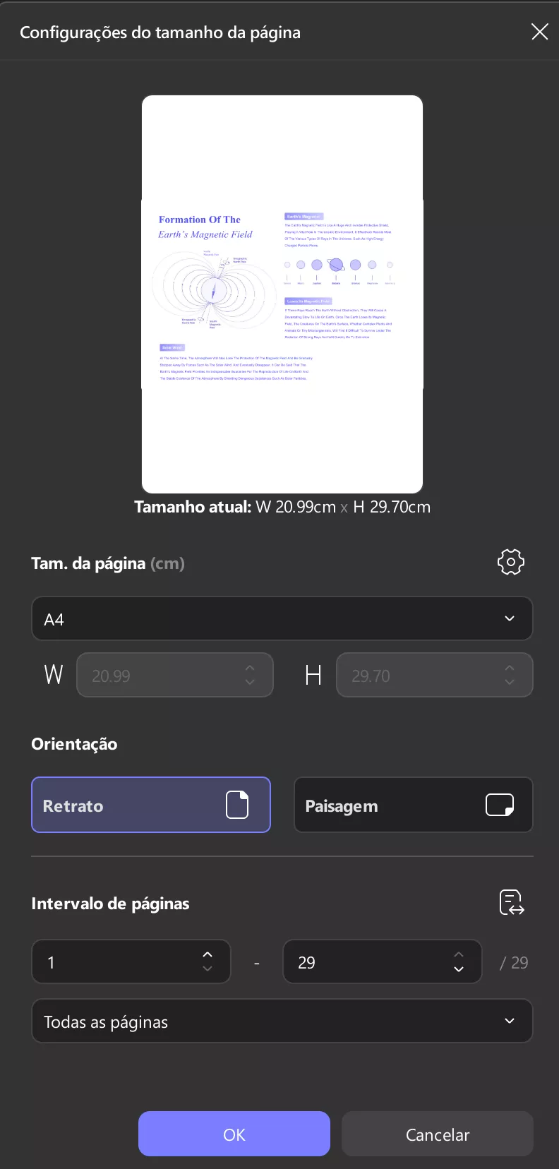 escolha o tamanho e a orientação da página do pdf