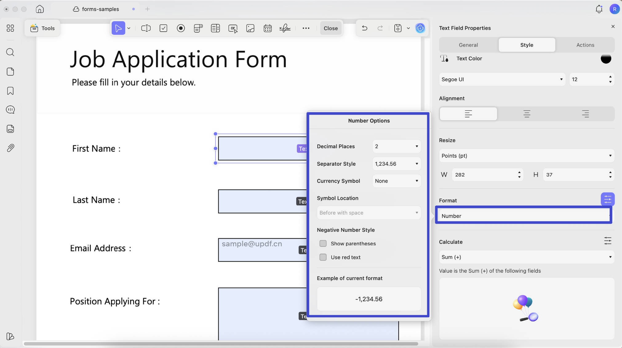 text field format updf mac