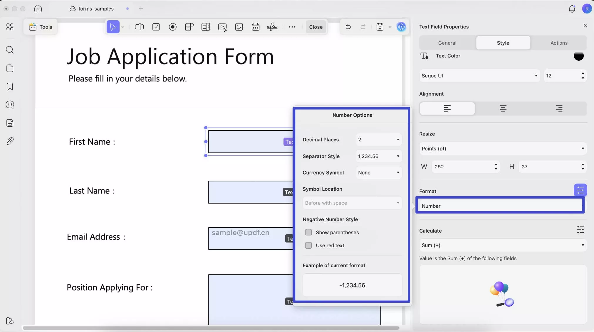 text field format updf mac