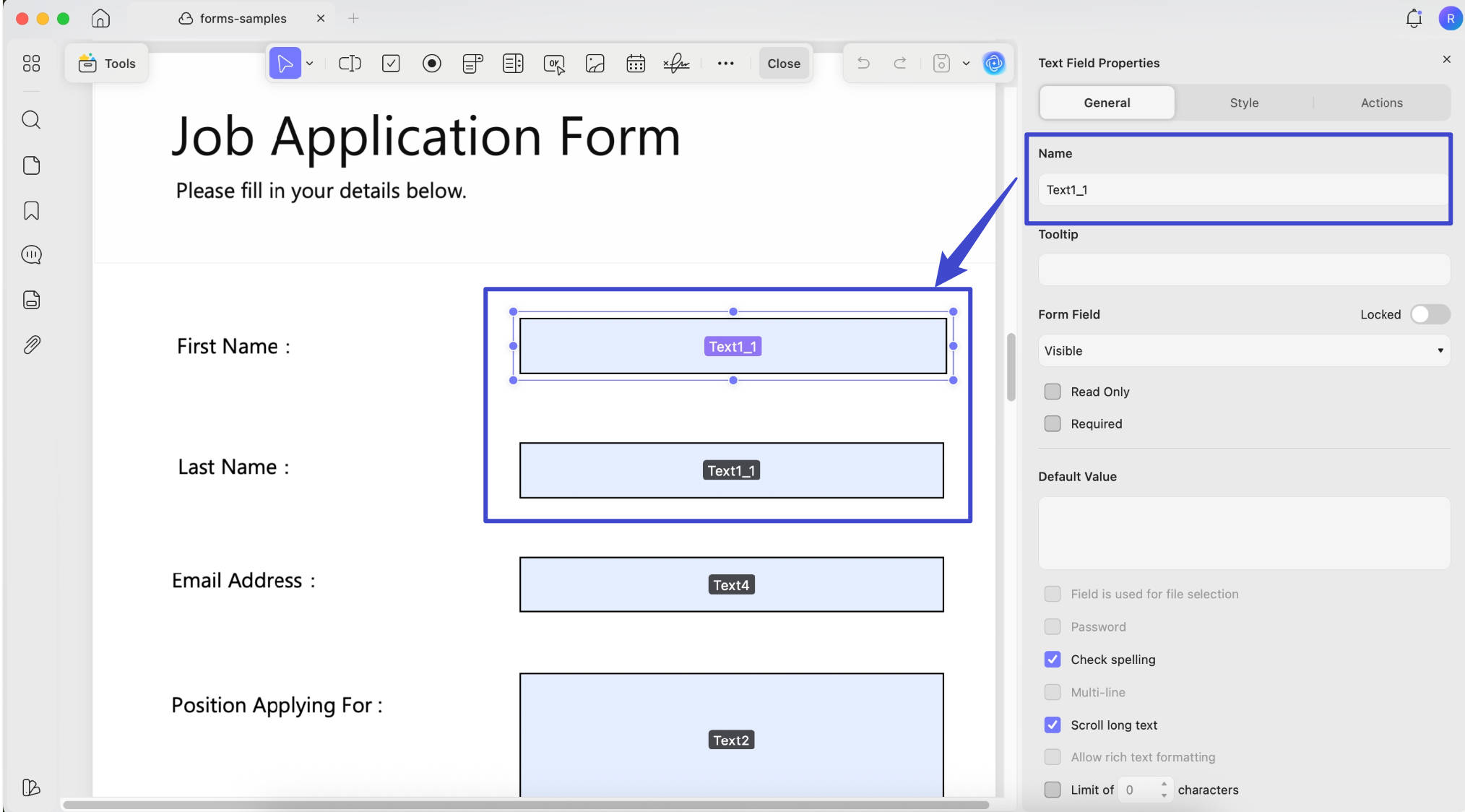 Text field name with updf on mac