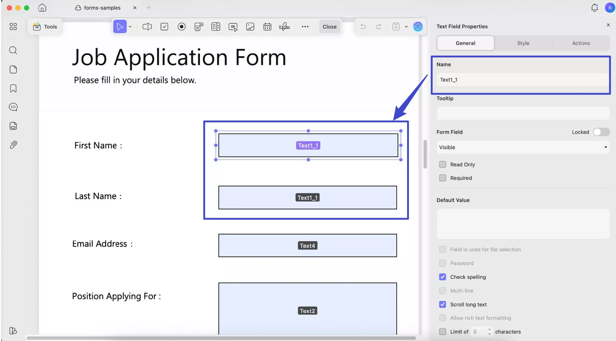 Text field name with updf on mac