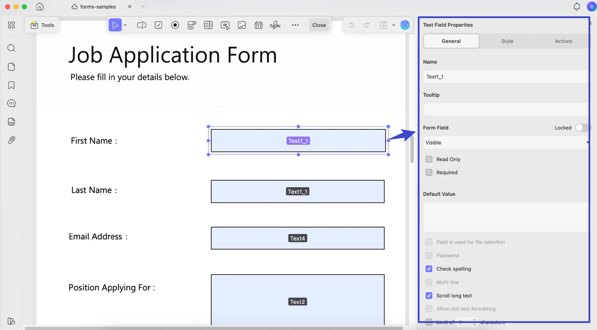text field properties pdf with updf mac