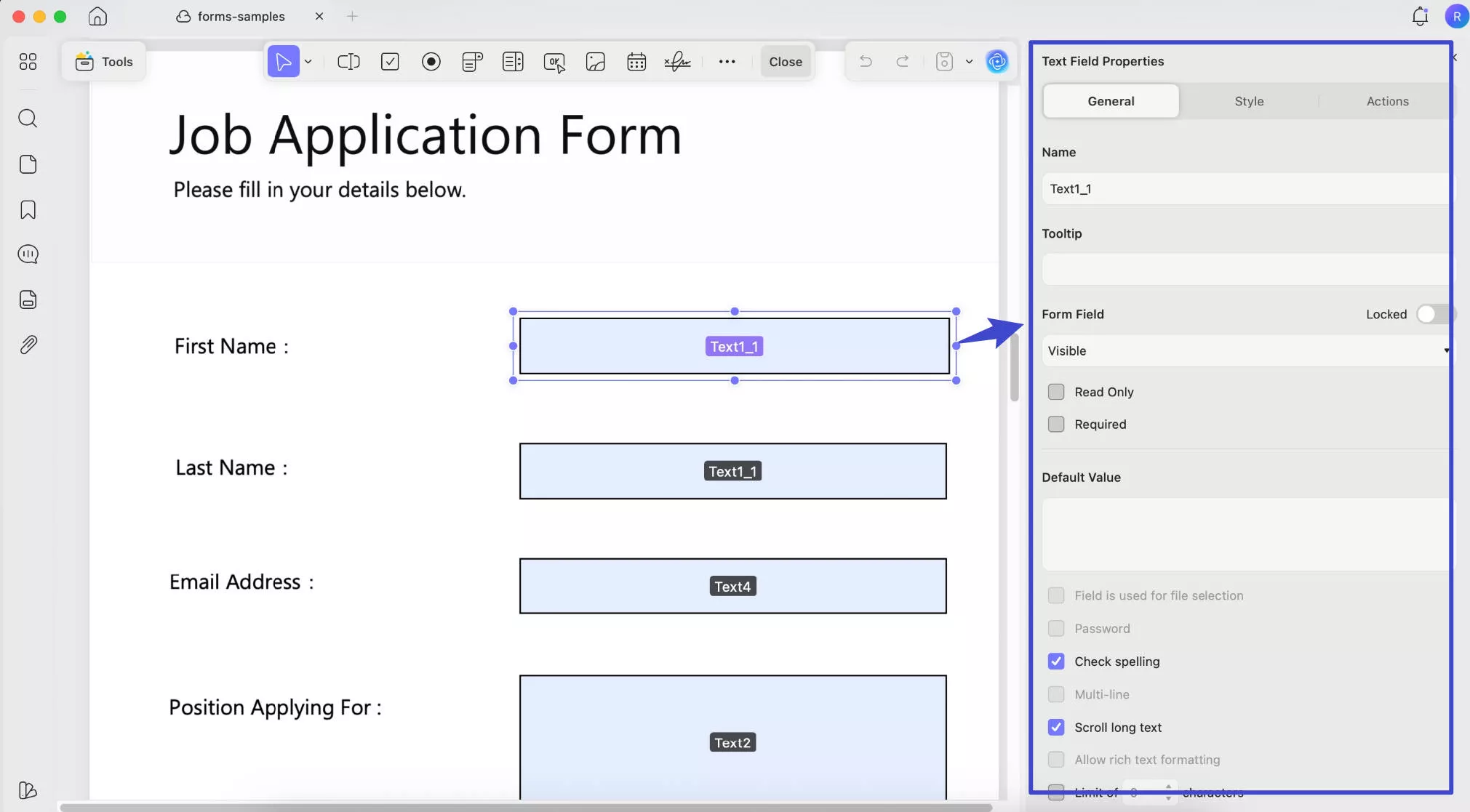 text field properties pdf with updf mac