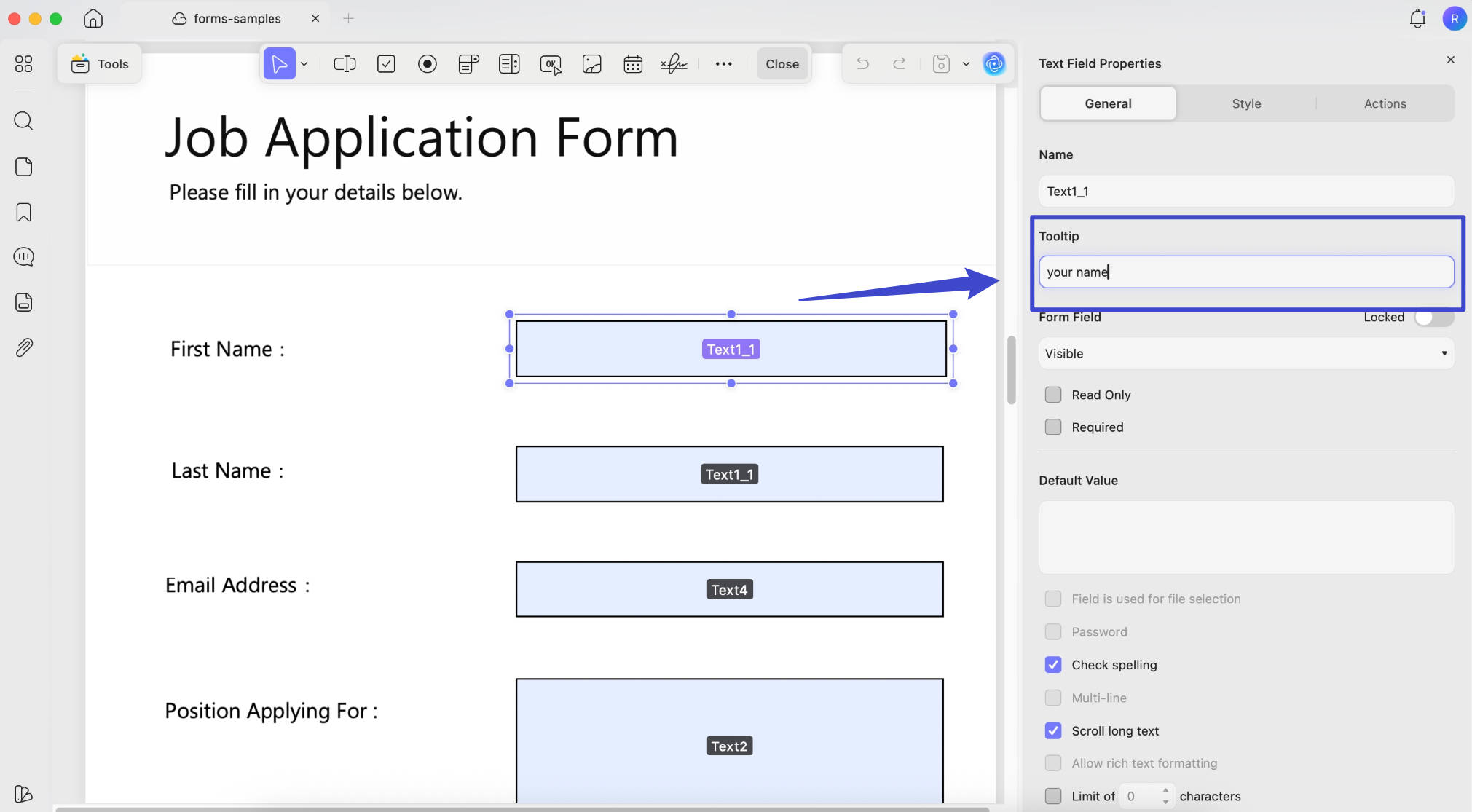 text field tooltip in pdf form with updf mac