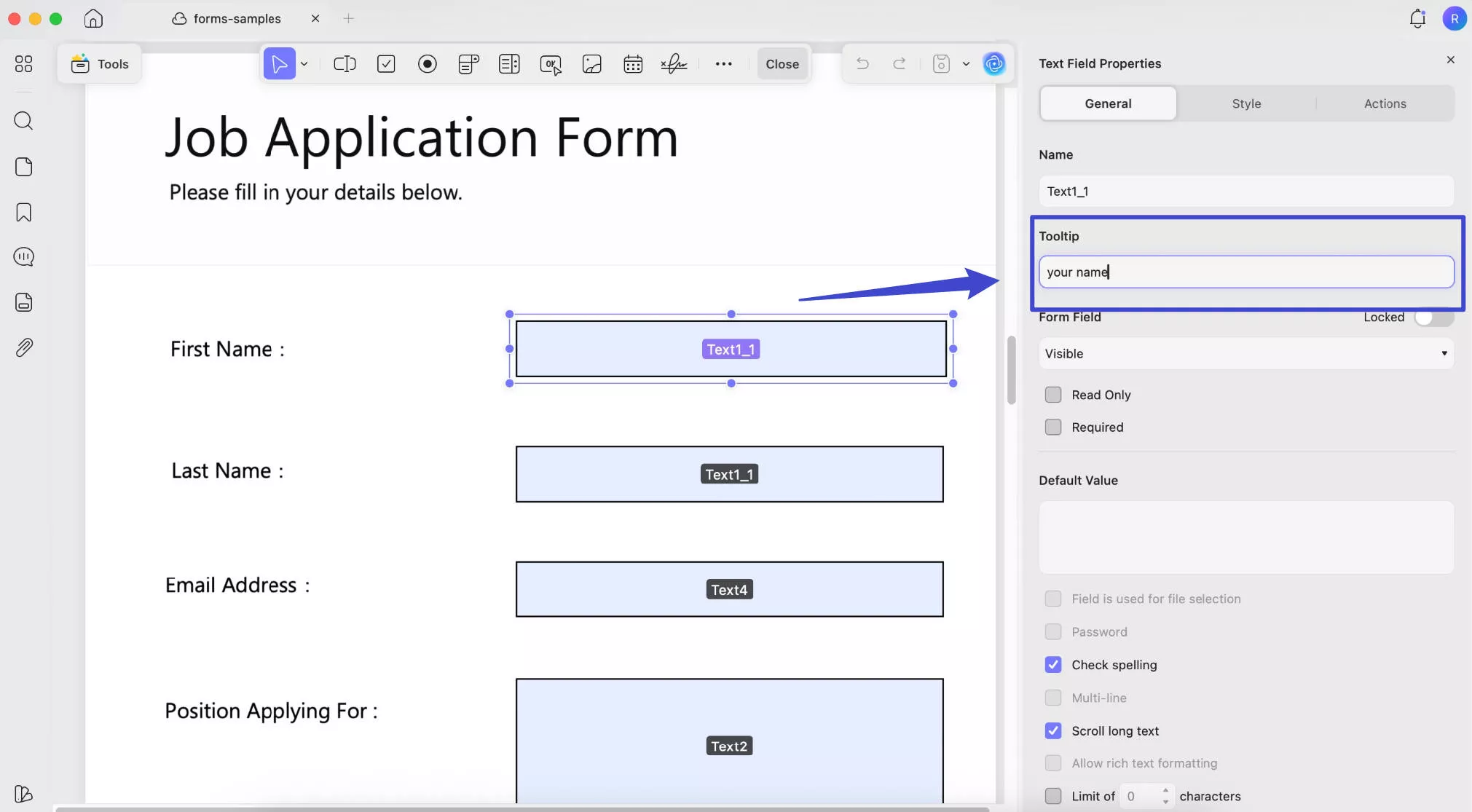 text field tooltip in pdf form with updf mac